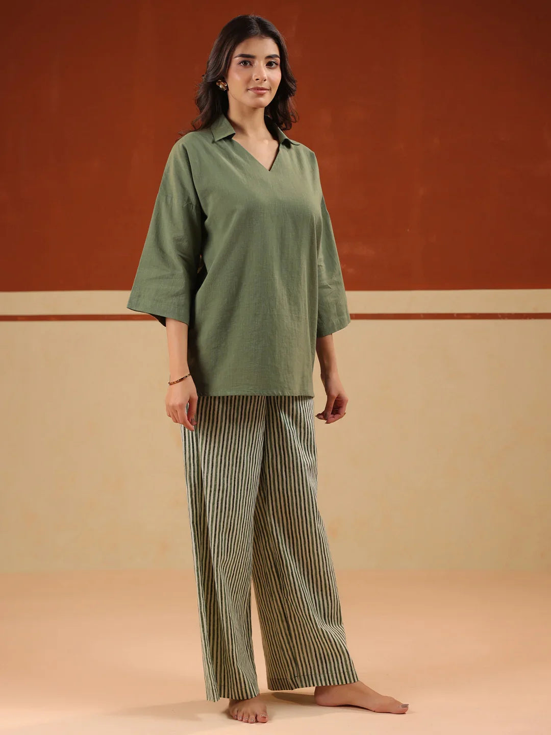 Olive Solid V-Neck Pure Cotton Night Suit For Women