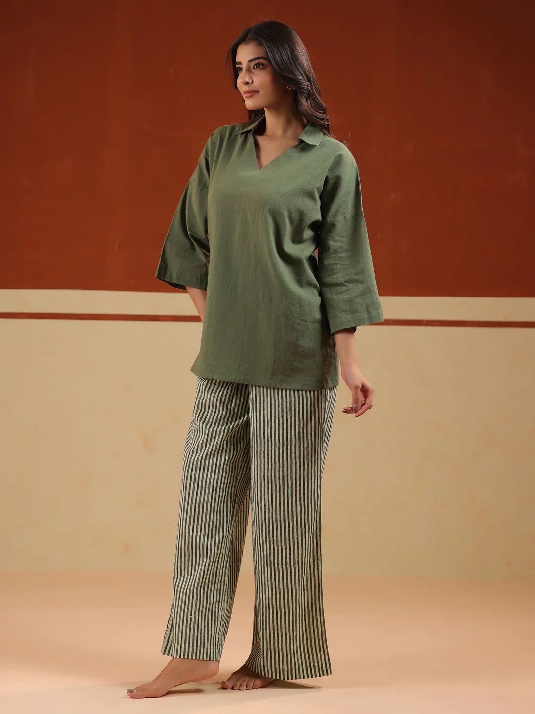 Olive Solid V-Neck Pure Cotton Night Suit For Women