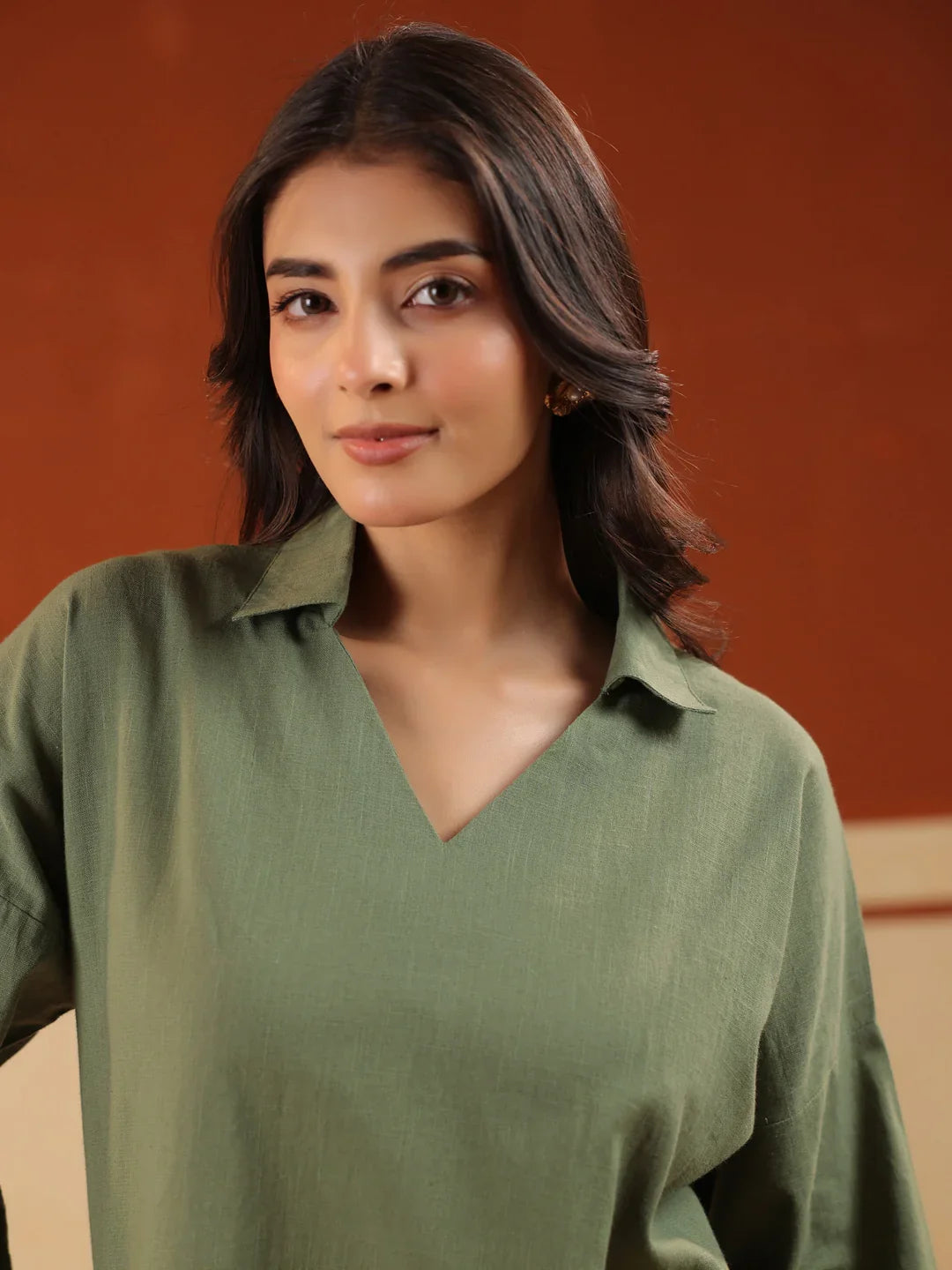 Olive Solid V-Neck Pure Cotton Night Suit For Women