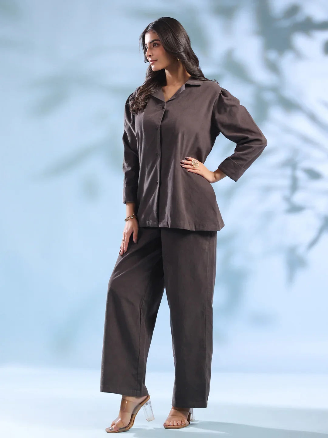 Grey Solid Lapel Collar Cotton Blend Night Suit For Women
