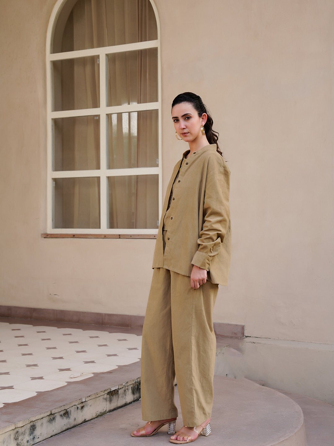 Beige Mandarin Collar Cotton Blend Solid Night Suit for Women