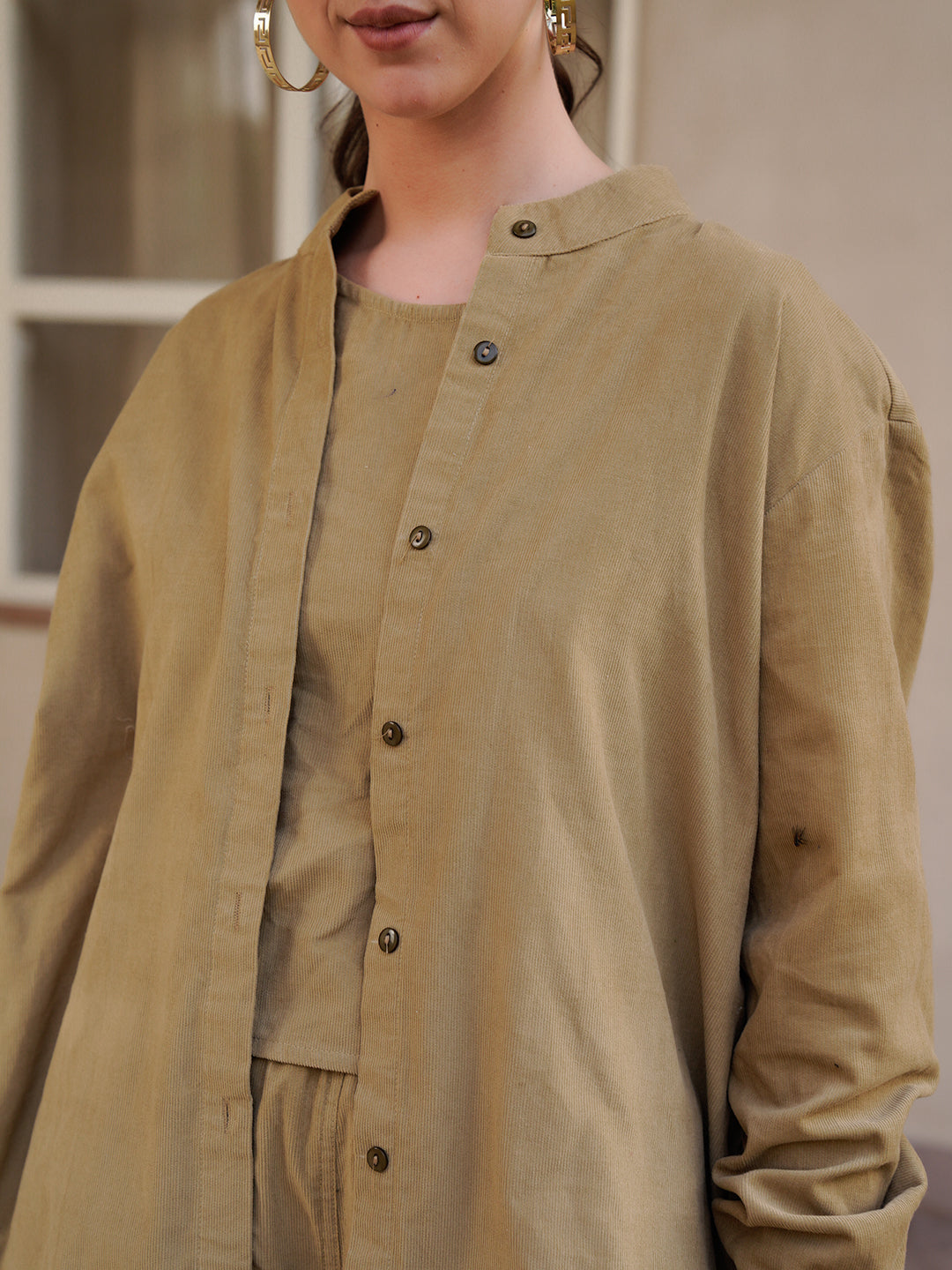 Beige Mandarin Collar Cotton Blend Solid Night Suit for Women