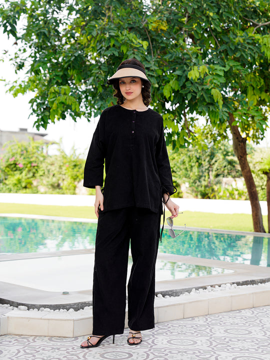 Black Round Neck Cotton Blend Solid Night Suit for Women