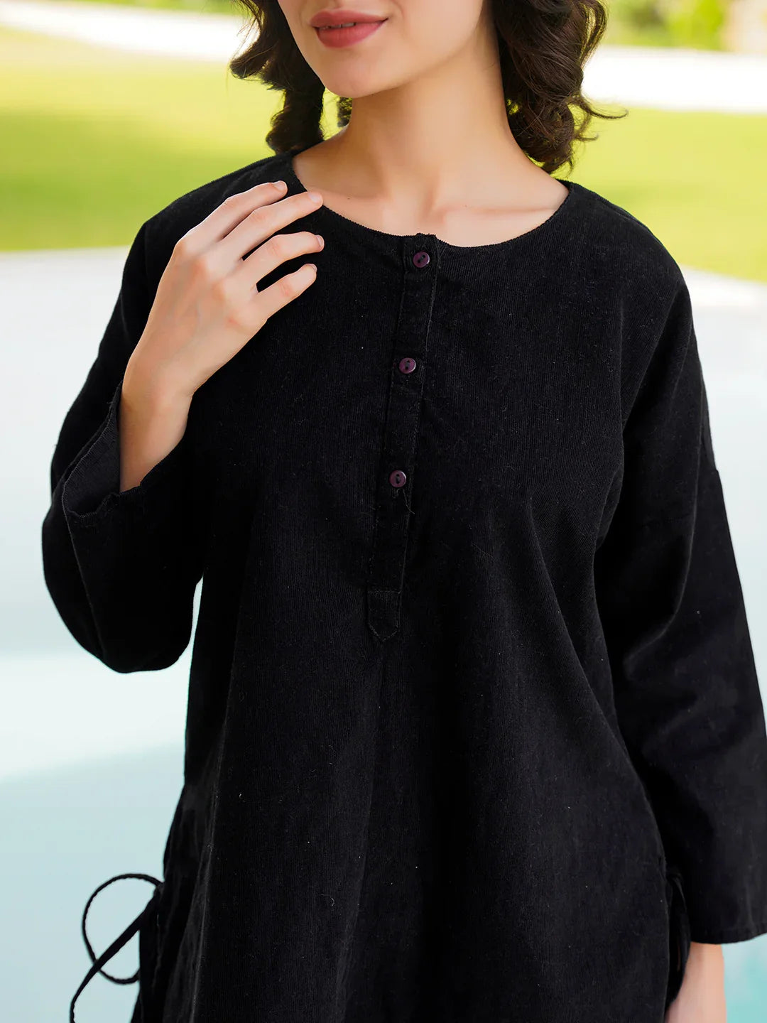 Black Round Neck Corduroy Solid Night Suit for Women - SanskrutiHomes 