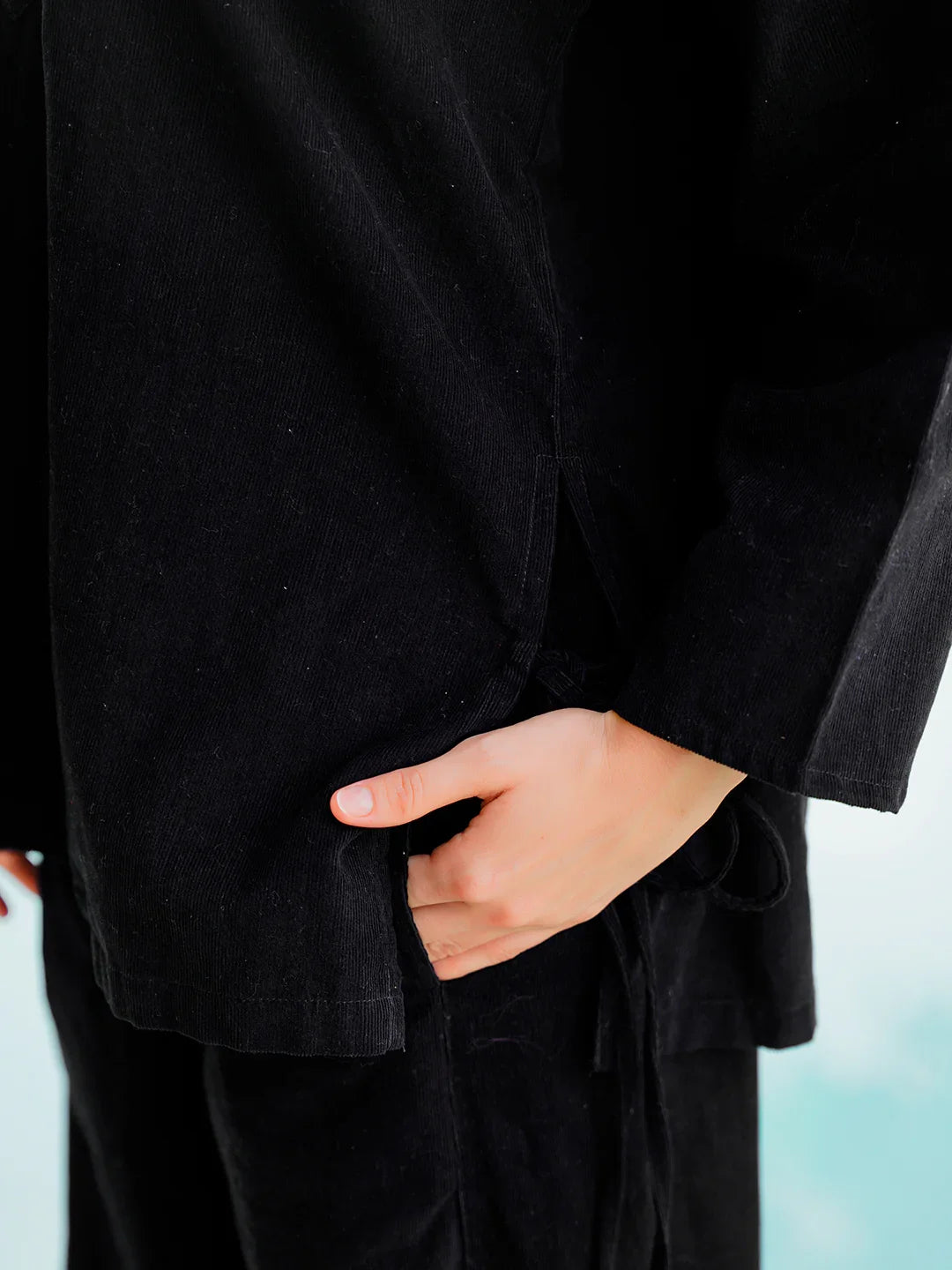 Black Round Neck Corduroy Solid Night Suit for Women - SanskrutiHomes 