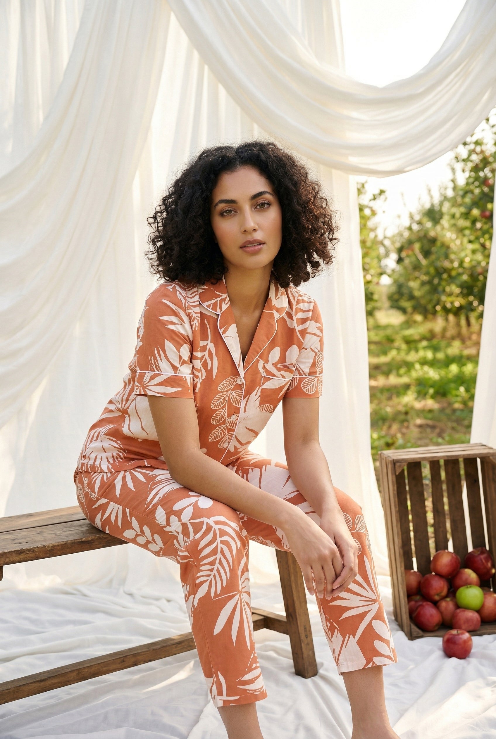 Orange Shirt Collar Tropical Leaf Print Cotton Night Suit For Women