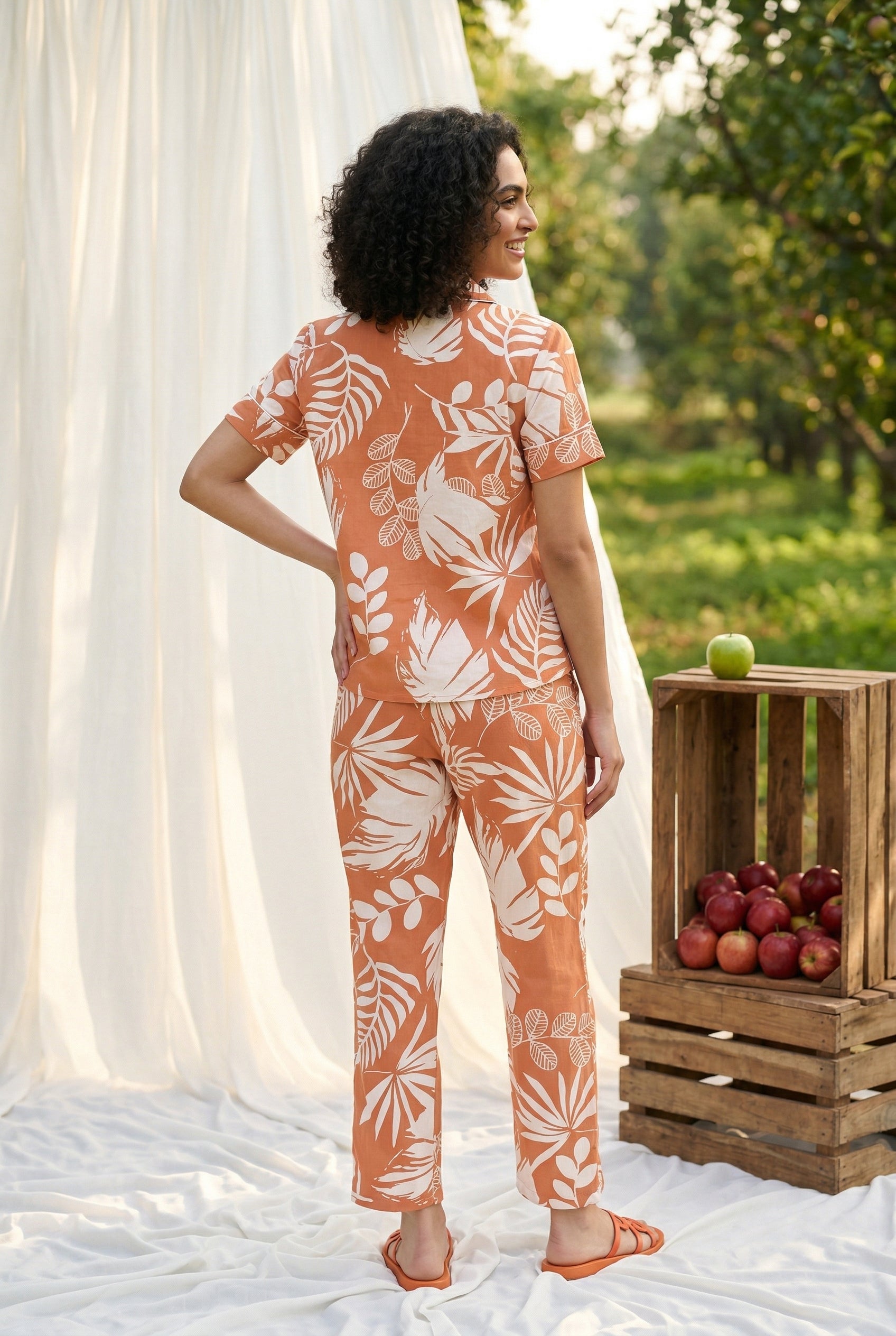 Orange Shirt Collar Tropical Leaf Print Cotton Night Suit For Women