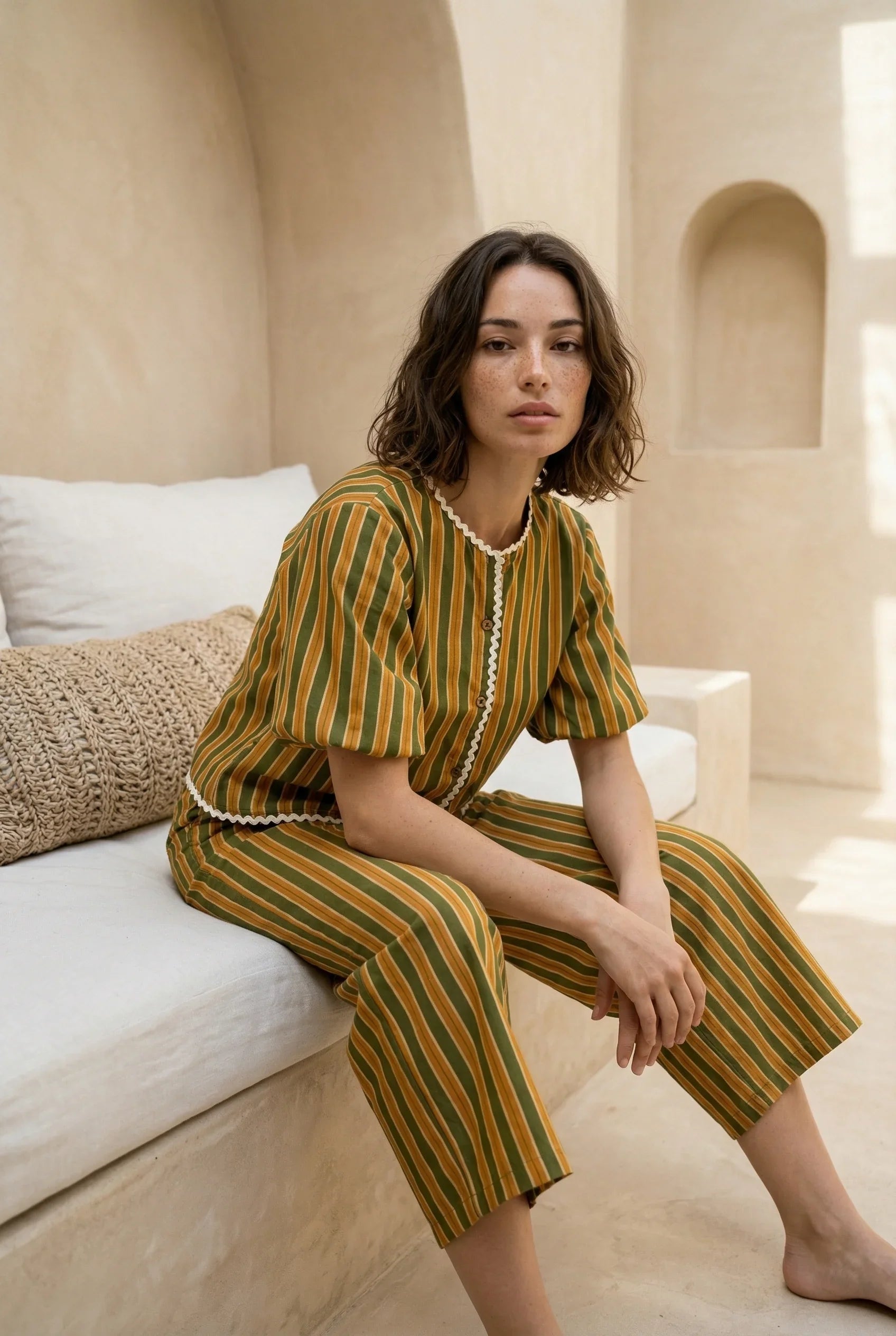 Mustard Striped Round Neck Cotton Night Suit Set For Women