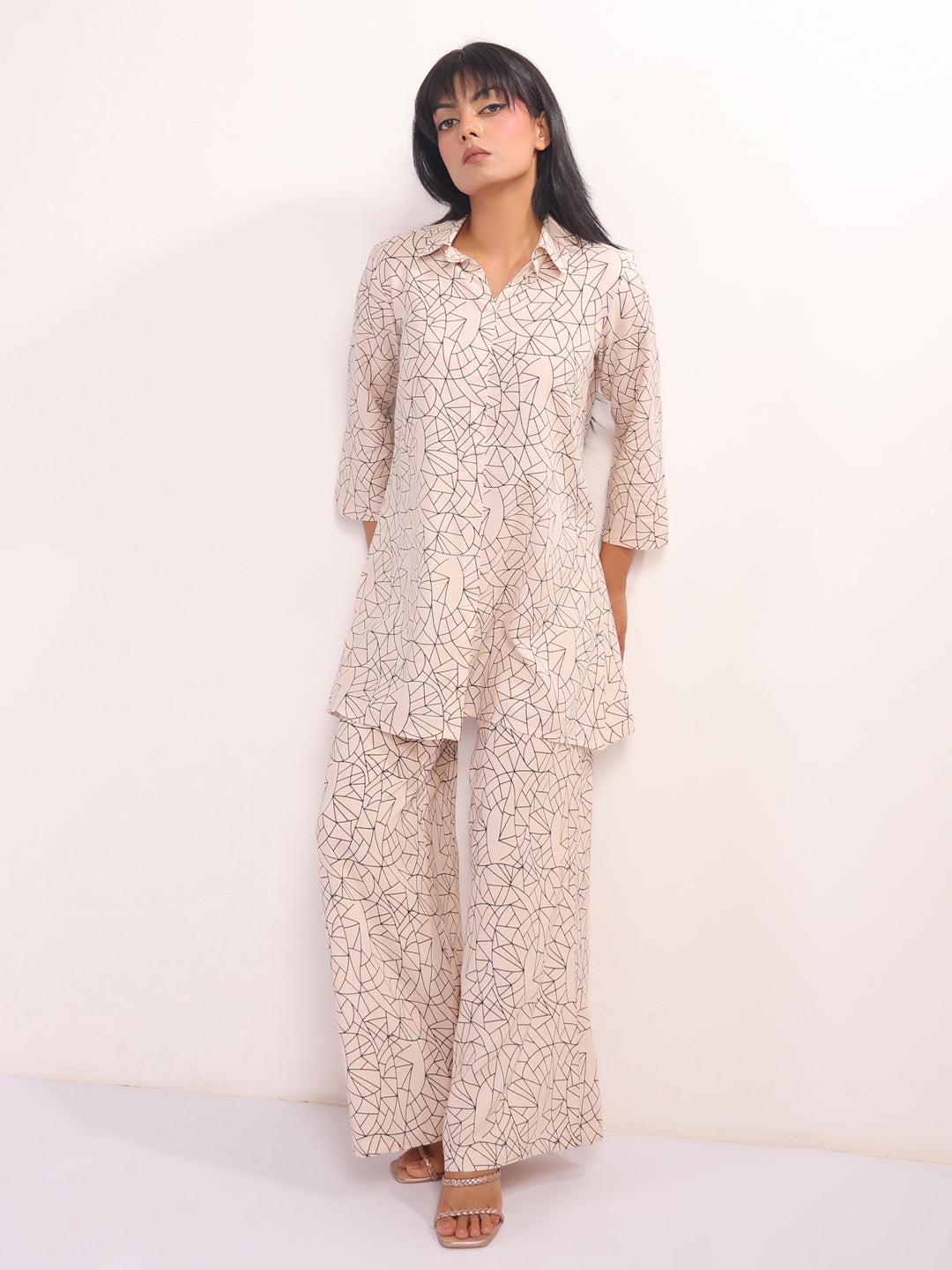 Cream Shirt Collar Geometric Print Night Suit For Women