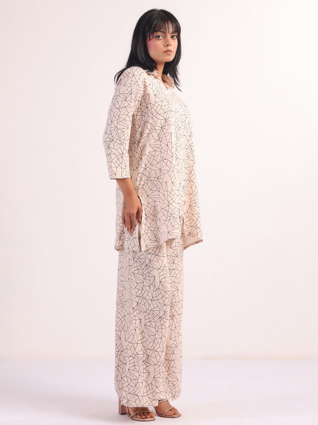 Cream Shirt Collar Geometric Print Night Suit For Women