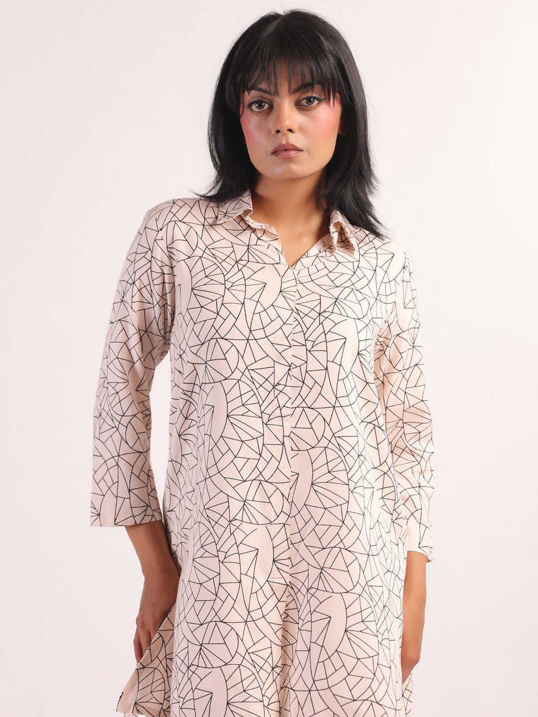 Cream Shirt Collar Geometric Print Night Suit For Women