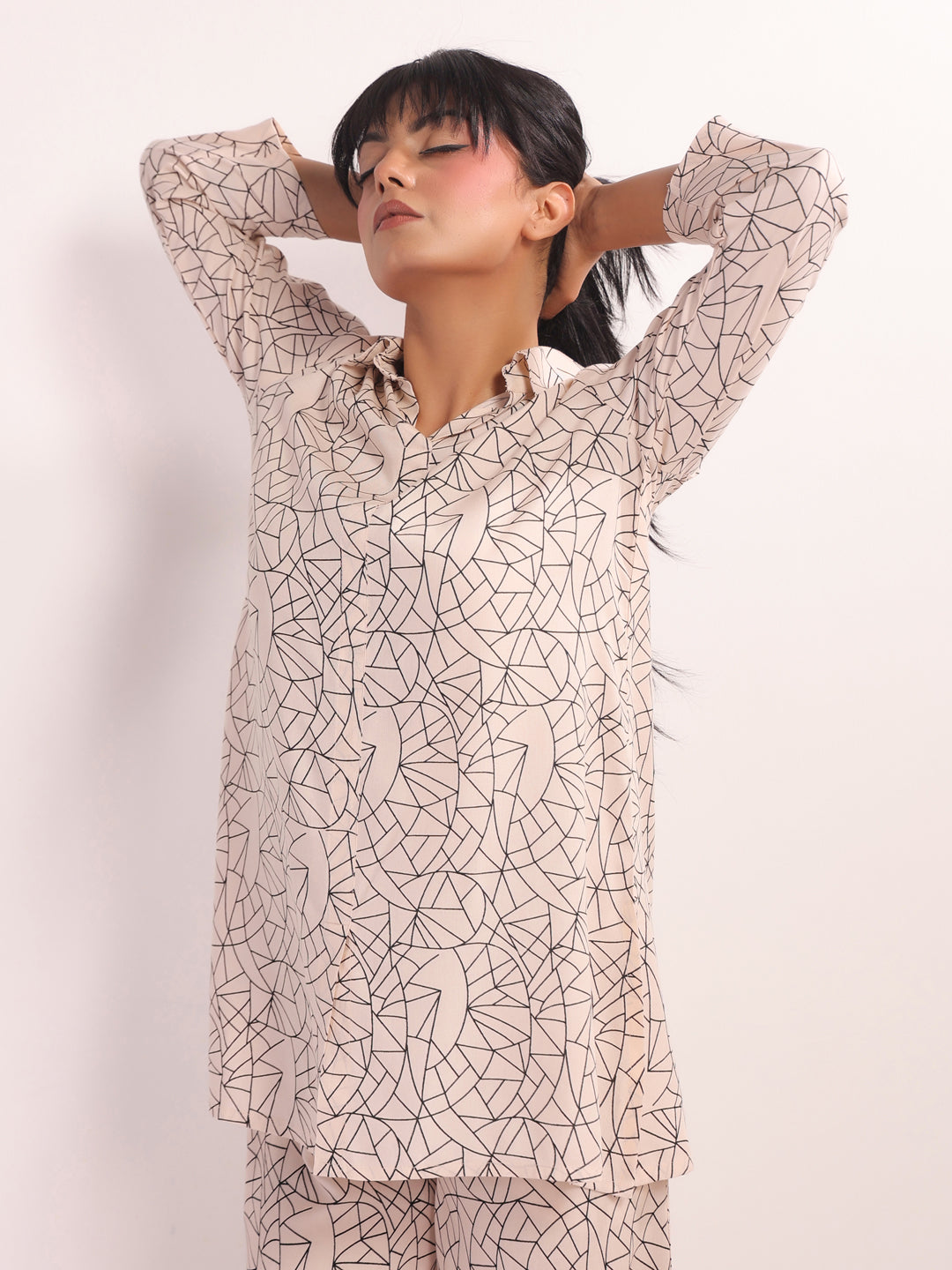 Cream Shirt Collar Geometric Print Night Suit For Women