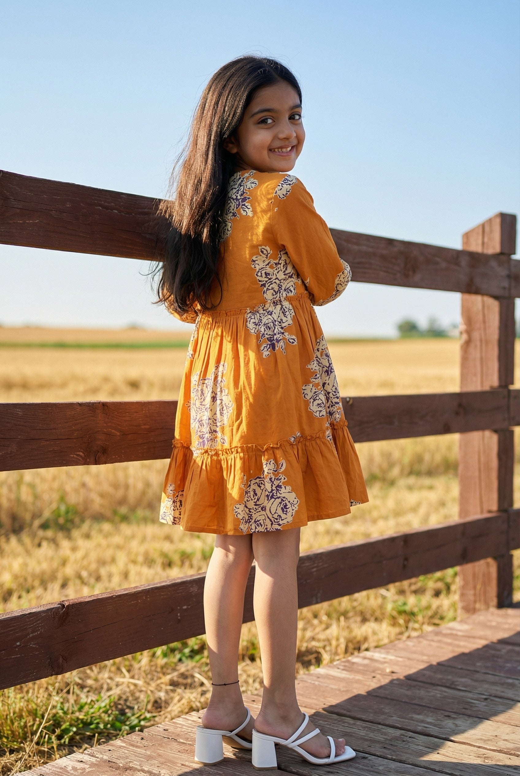 Orange V-Neck Floral Printed Cotton Dress For Kids