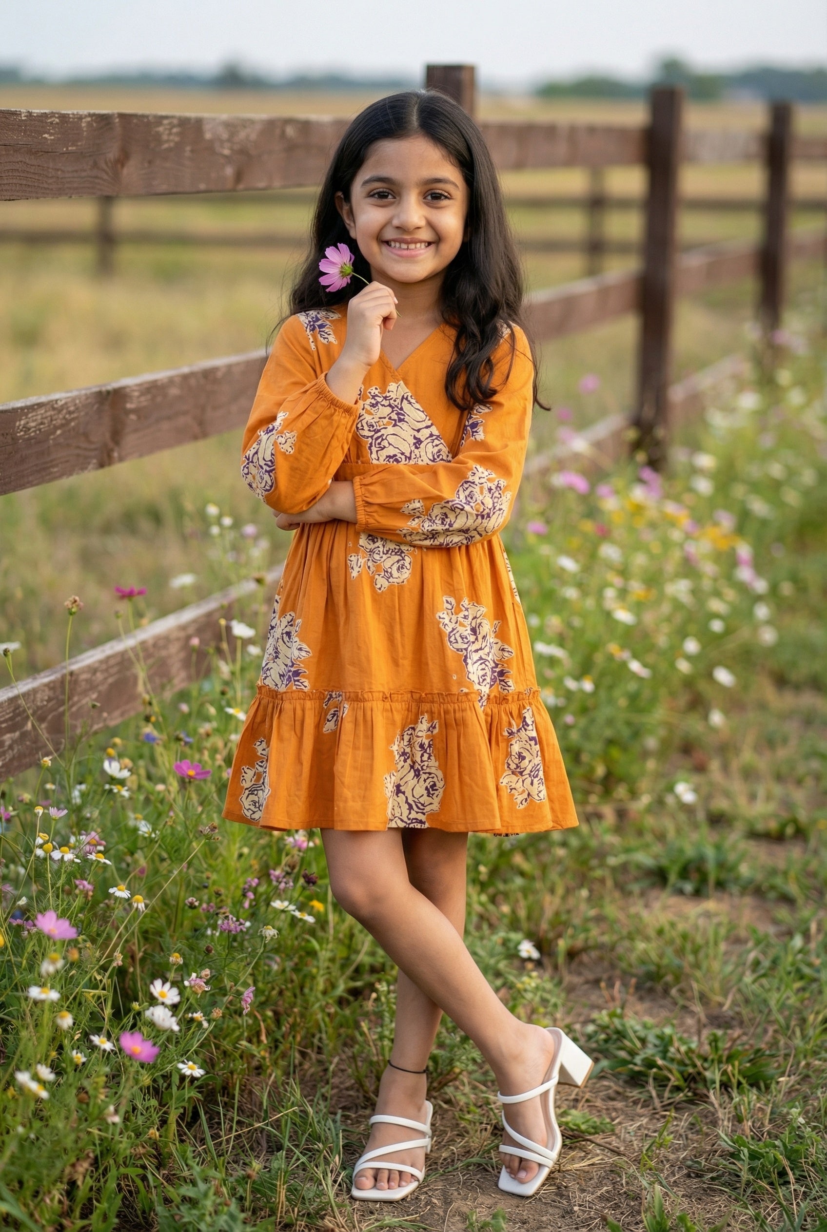 Orange V-Neck Floral Printed Cotton Dress For Kids