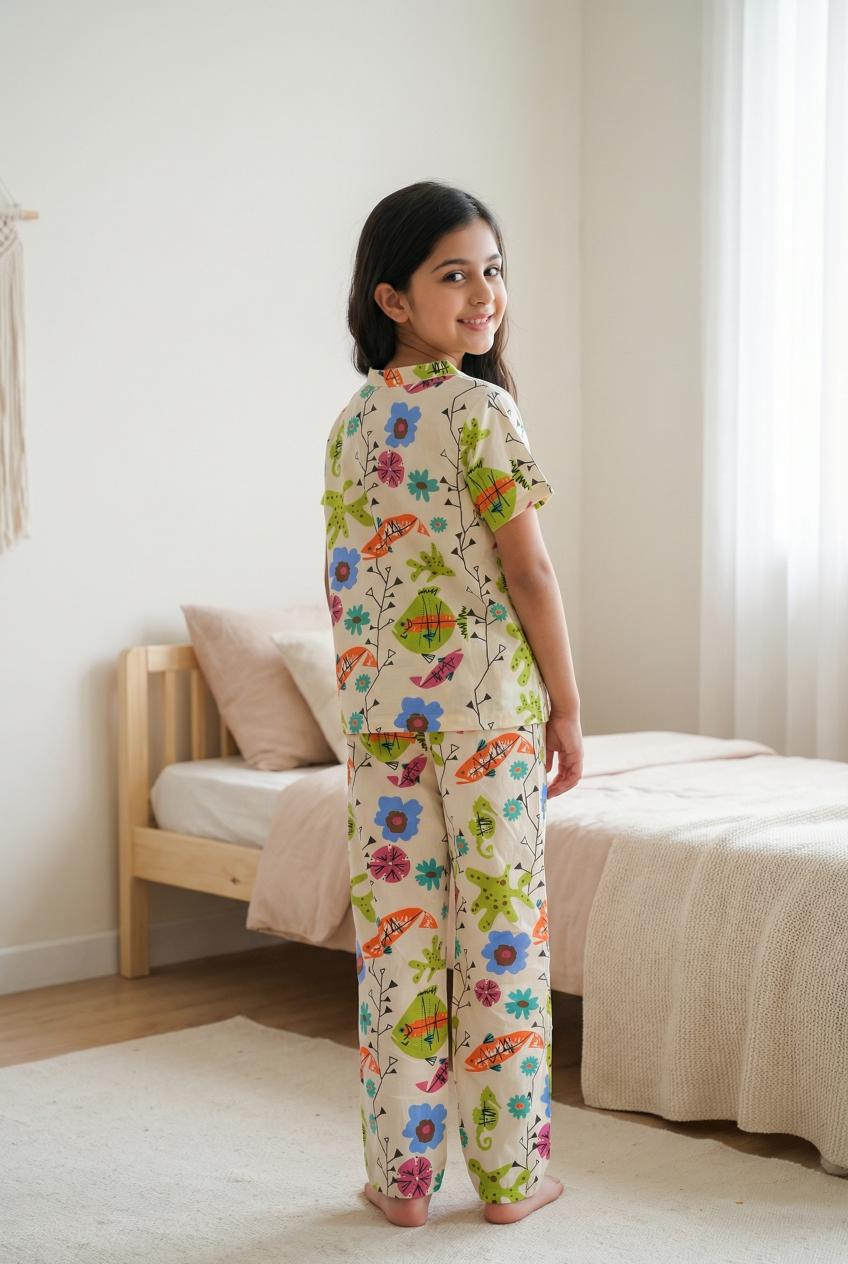 White Floral Print Round Neck Cotton Night Suit Set For Kids