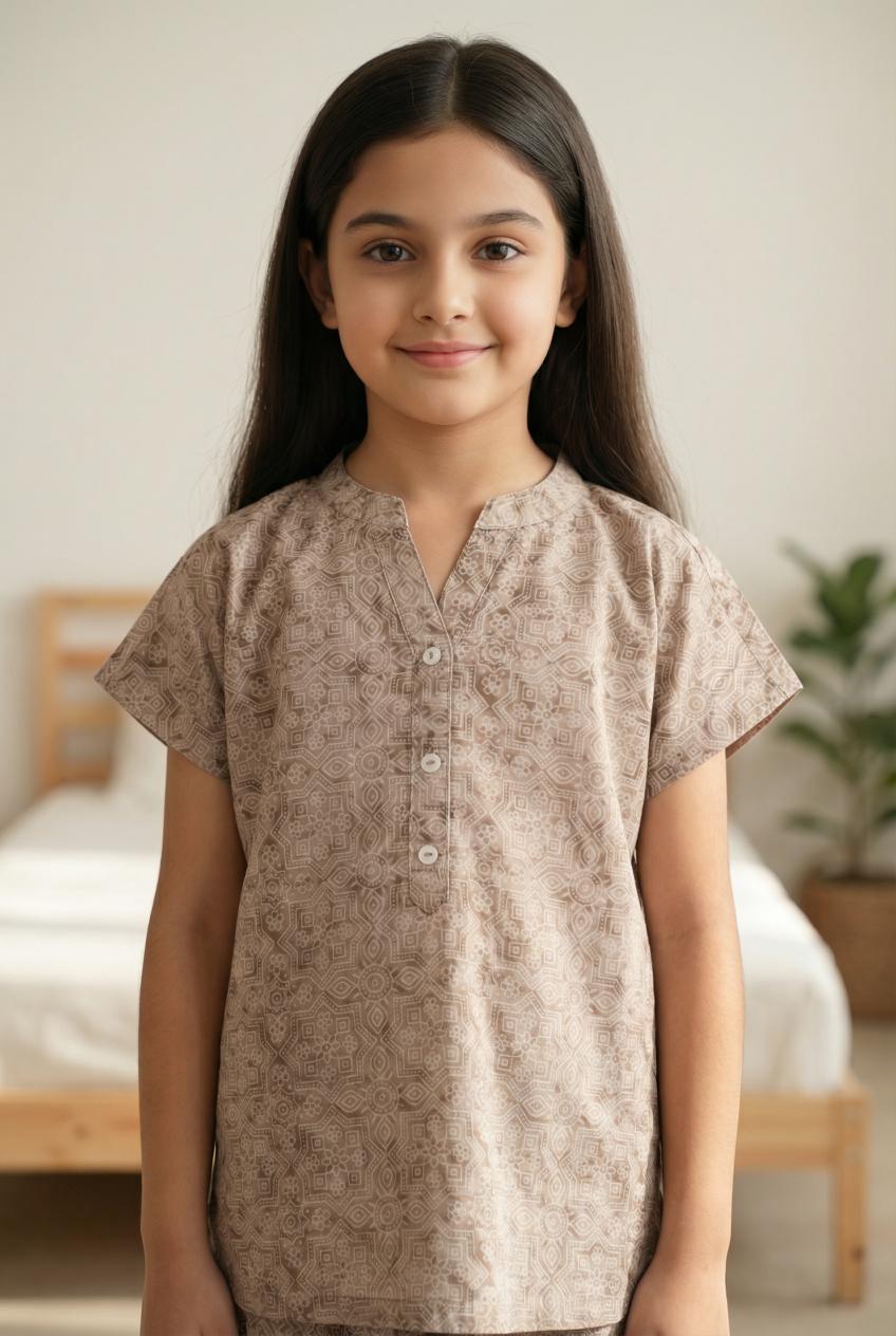 Beige Round Neck Geometric Print Pure Cotton Night Suit Set For Kids