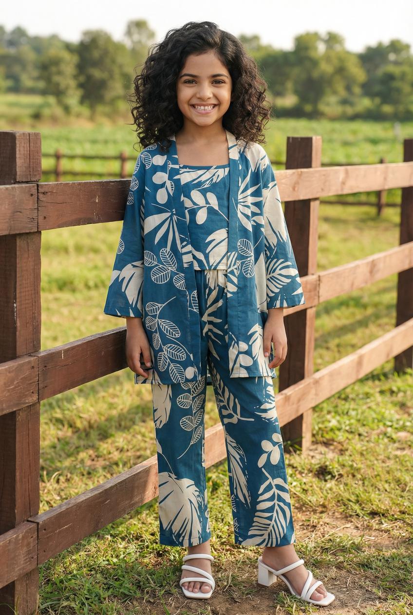 Teal Floral Print Round Neck Pure Cotton Night Suit For Kids