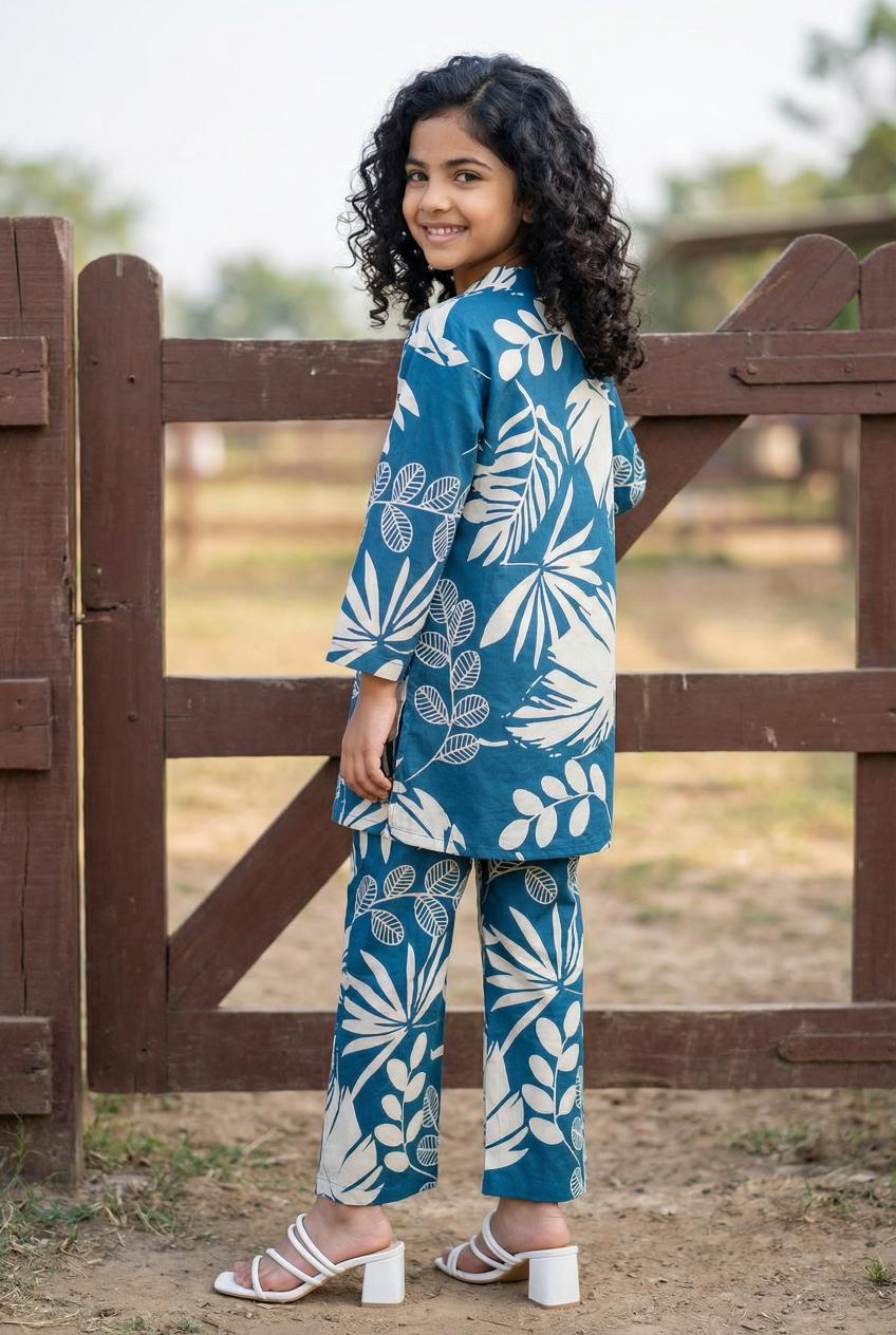 Teal Floral Print Round Neck Pure Cotton Night Suit For Kids