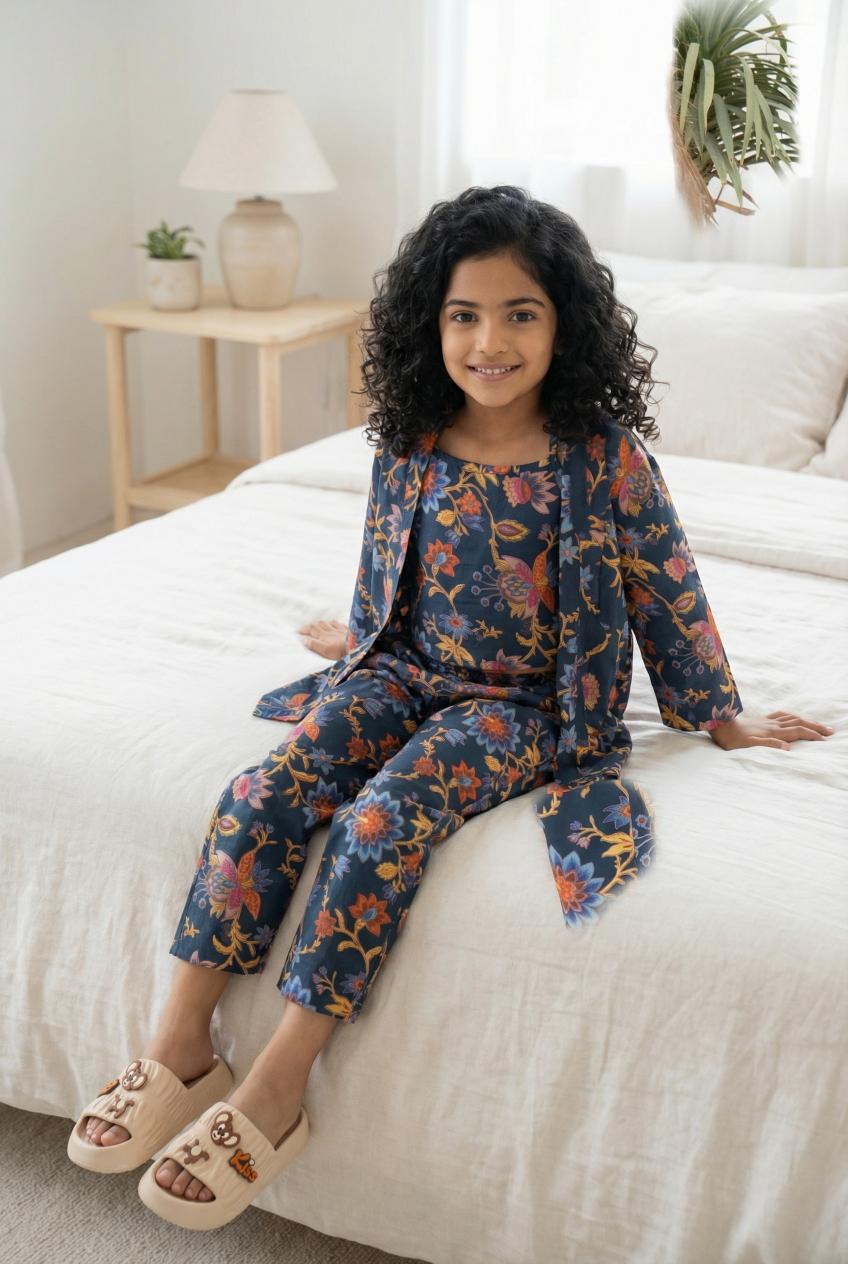 Navy Blue Round Neck Floral Print Pure Cotton Night Suit Set For Women