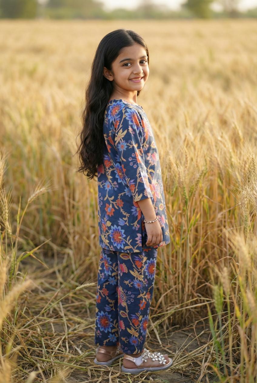 Blue Floral Print Round Neck Pure Cotton Night Suit Set For Kids