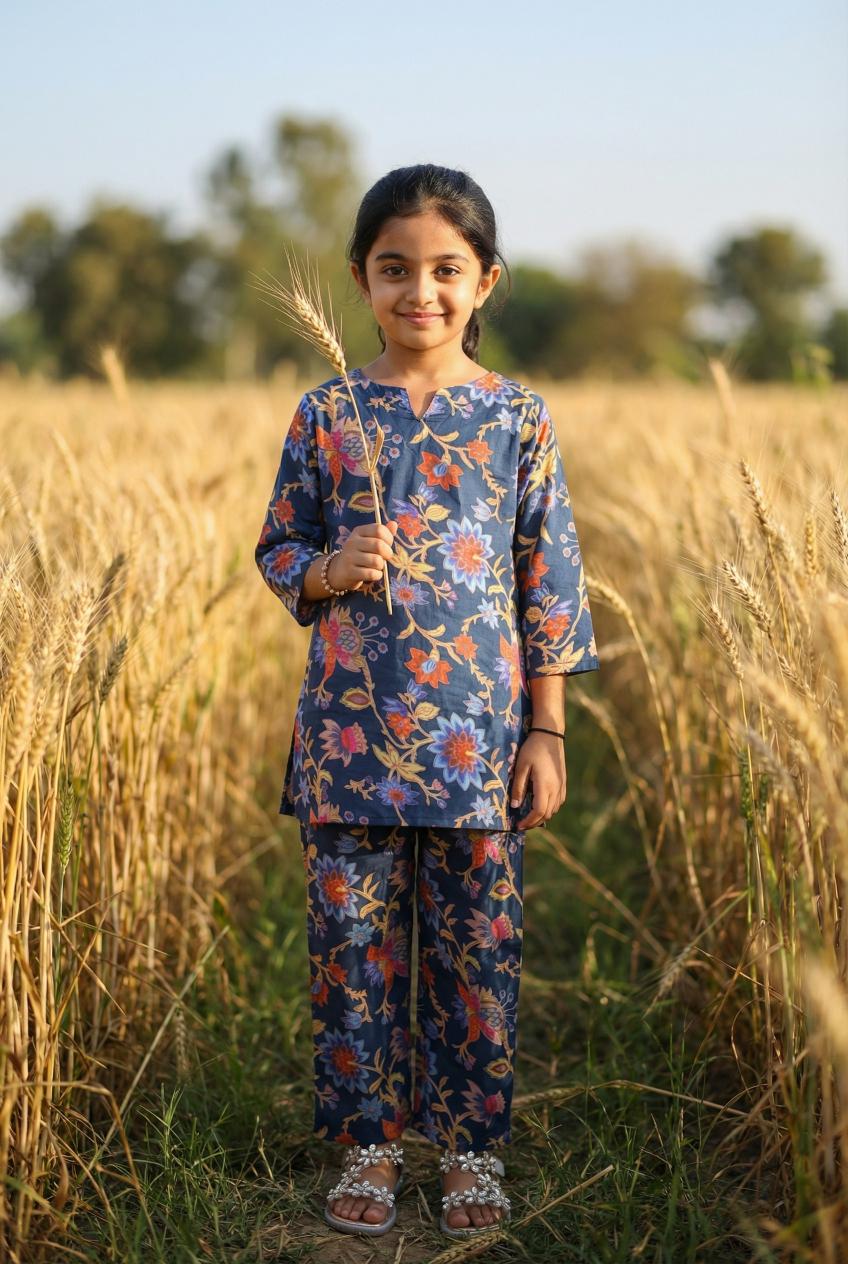 Blue Floral Print Round Neck Pure Cotton Night Suit Set For Kids