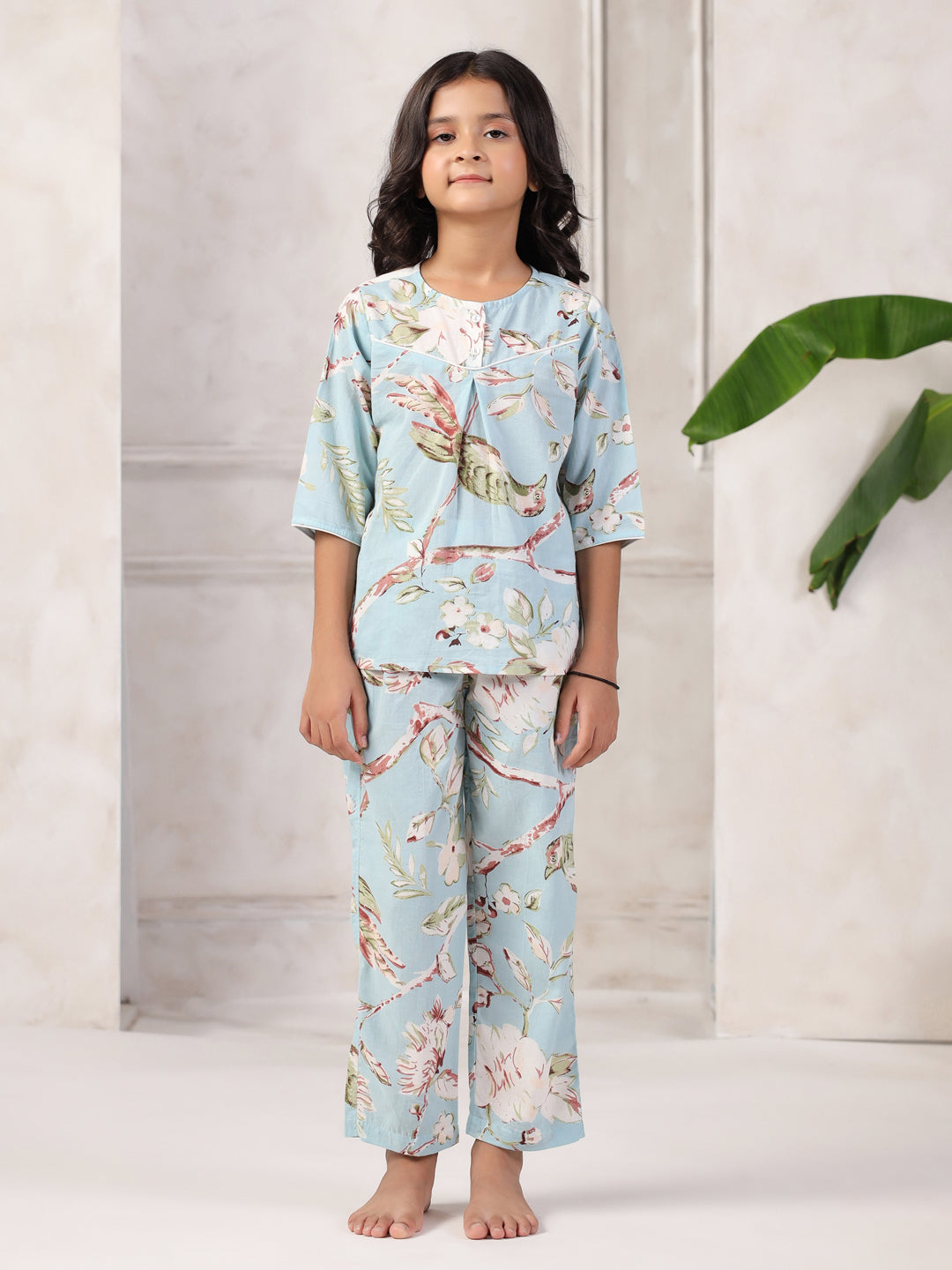 Blue Floral Print Round Neck Night Suit For Kids