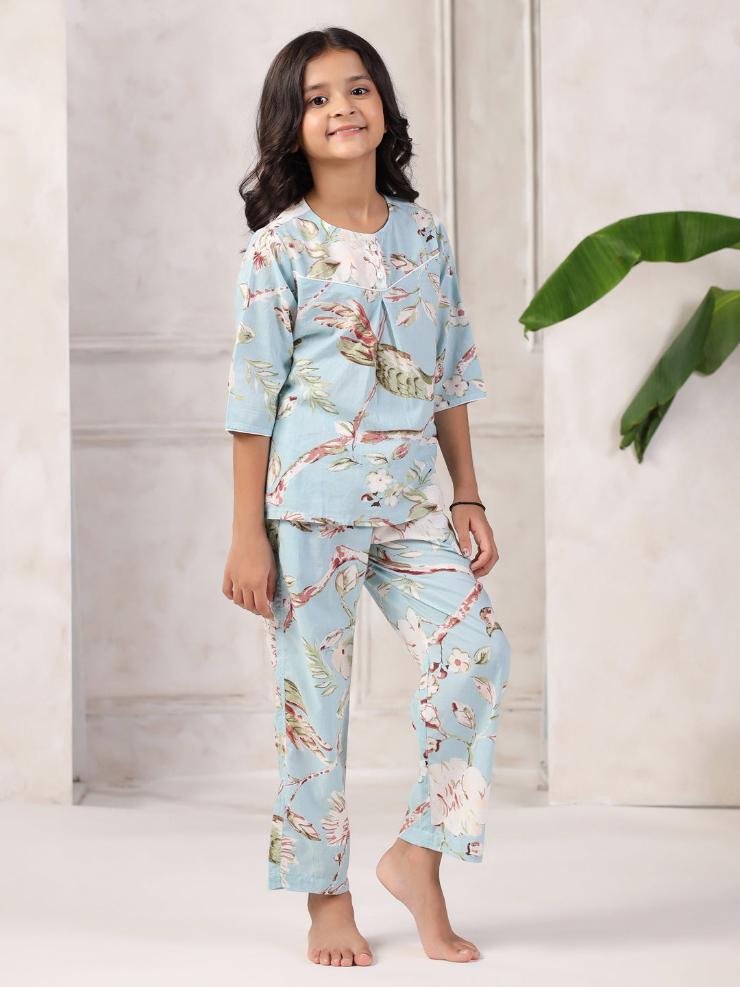 Blue Floral Print Round Neck Night Suit For Kids