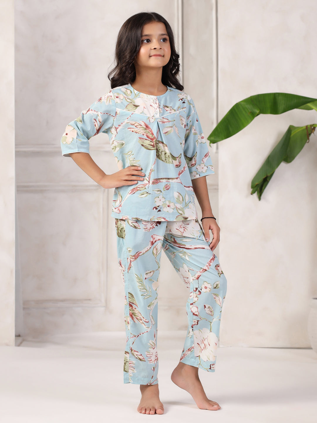 Blue Floral Print Round Neck Night Suit For Kids