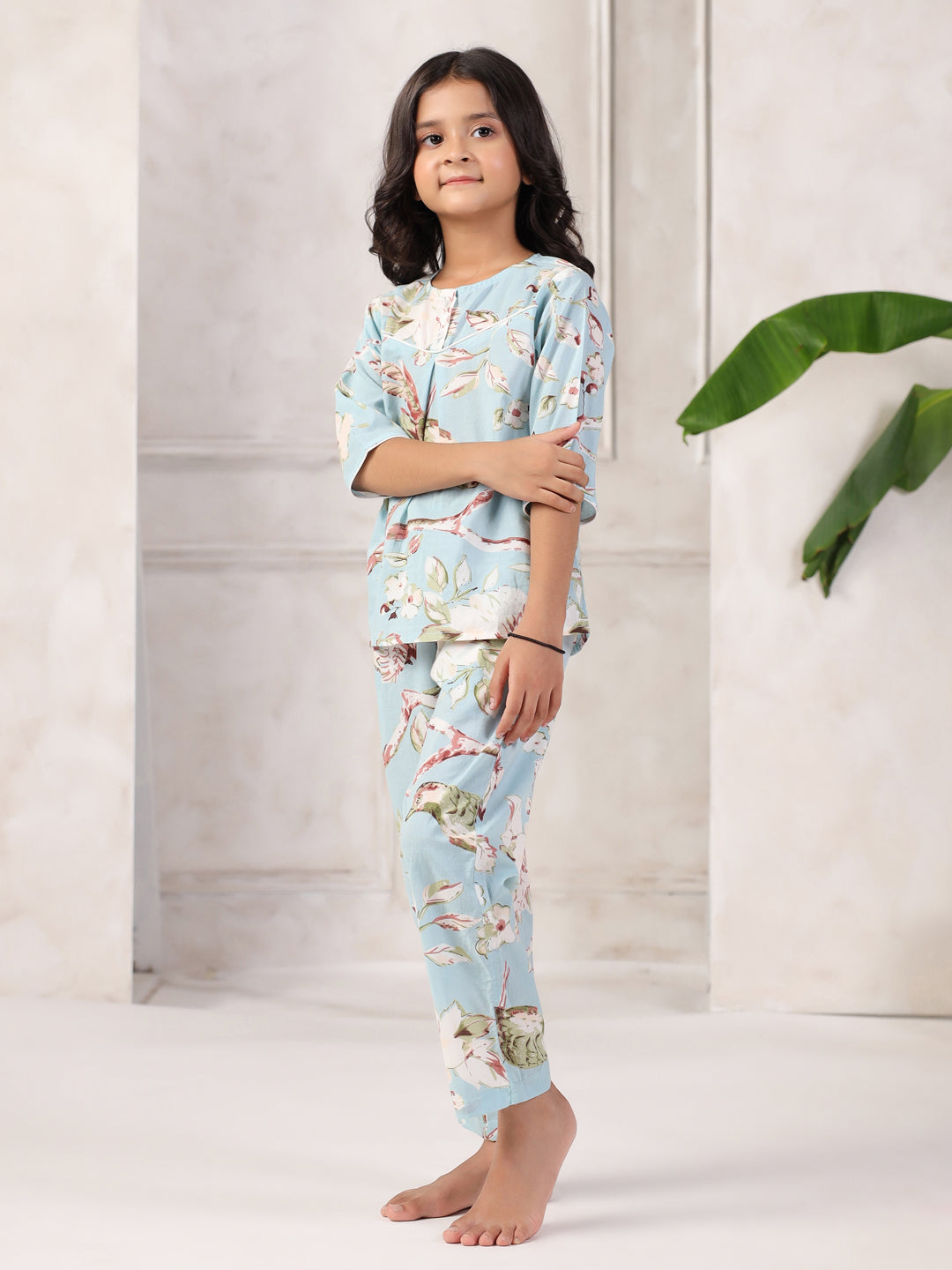 Blue Floral Print Round Neck Night Suit For Kids