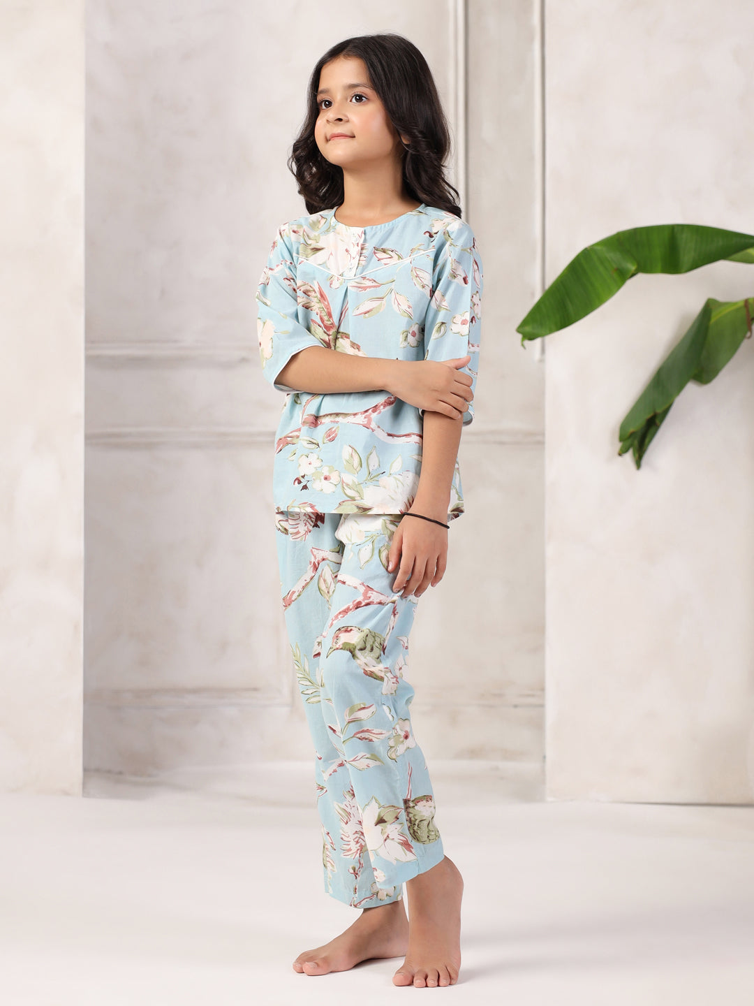 Blue Floral Print Round Neck Night Suit For Kids