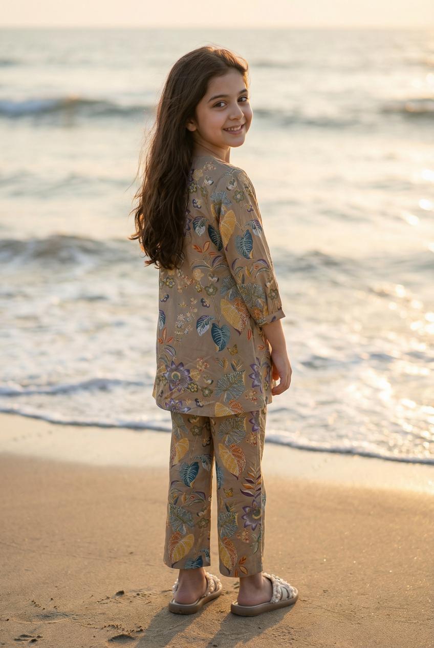 Beige Roun Neck Tropical Print Pure Cotton Night Suit For Kids