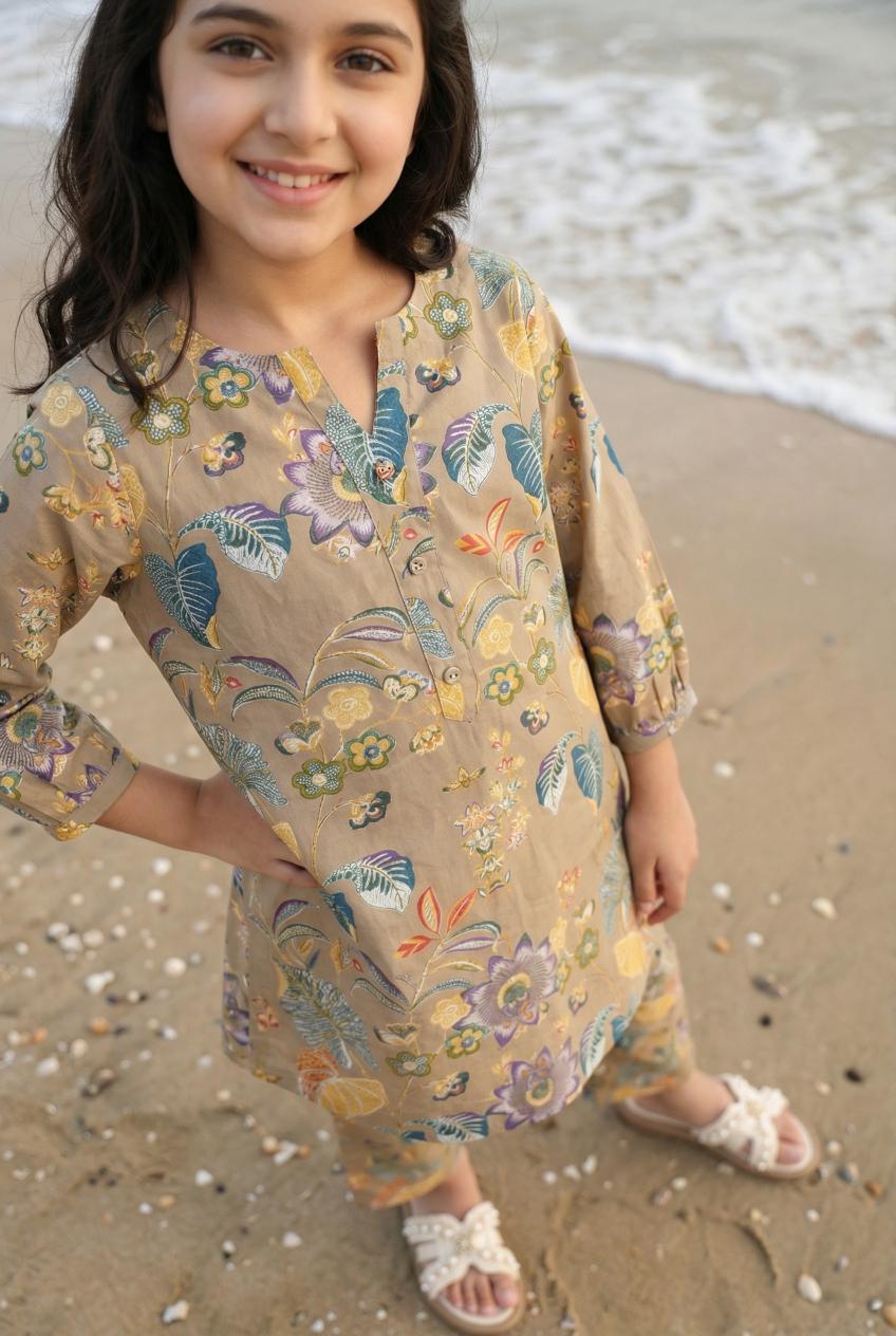 Beige Roun Neck Tropical Print Pure Cotton Night Suit For Kids