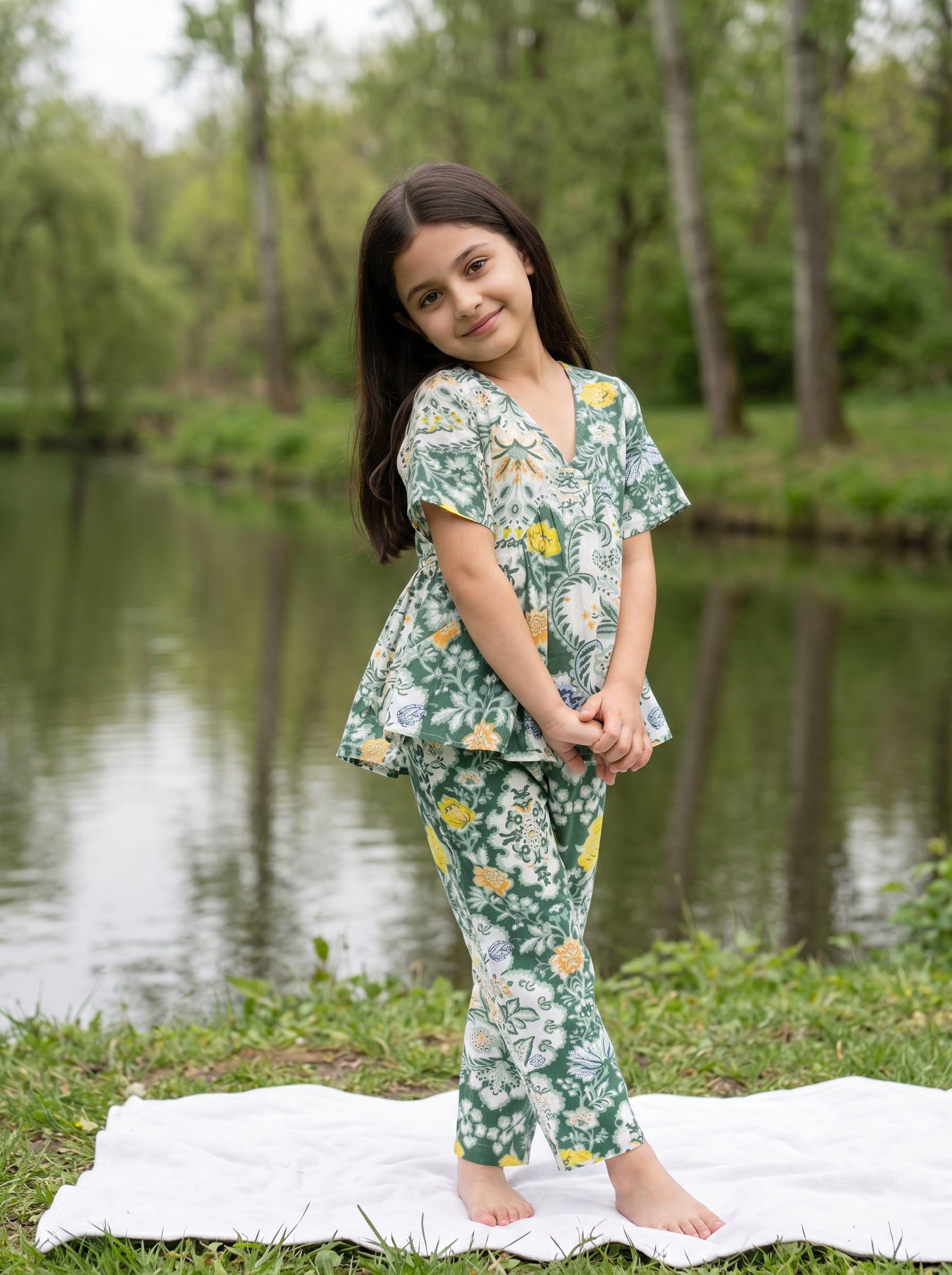 Green V-Neck Floral Print Pure Cotton Night Suit For Kids
