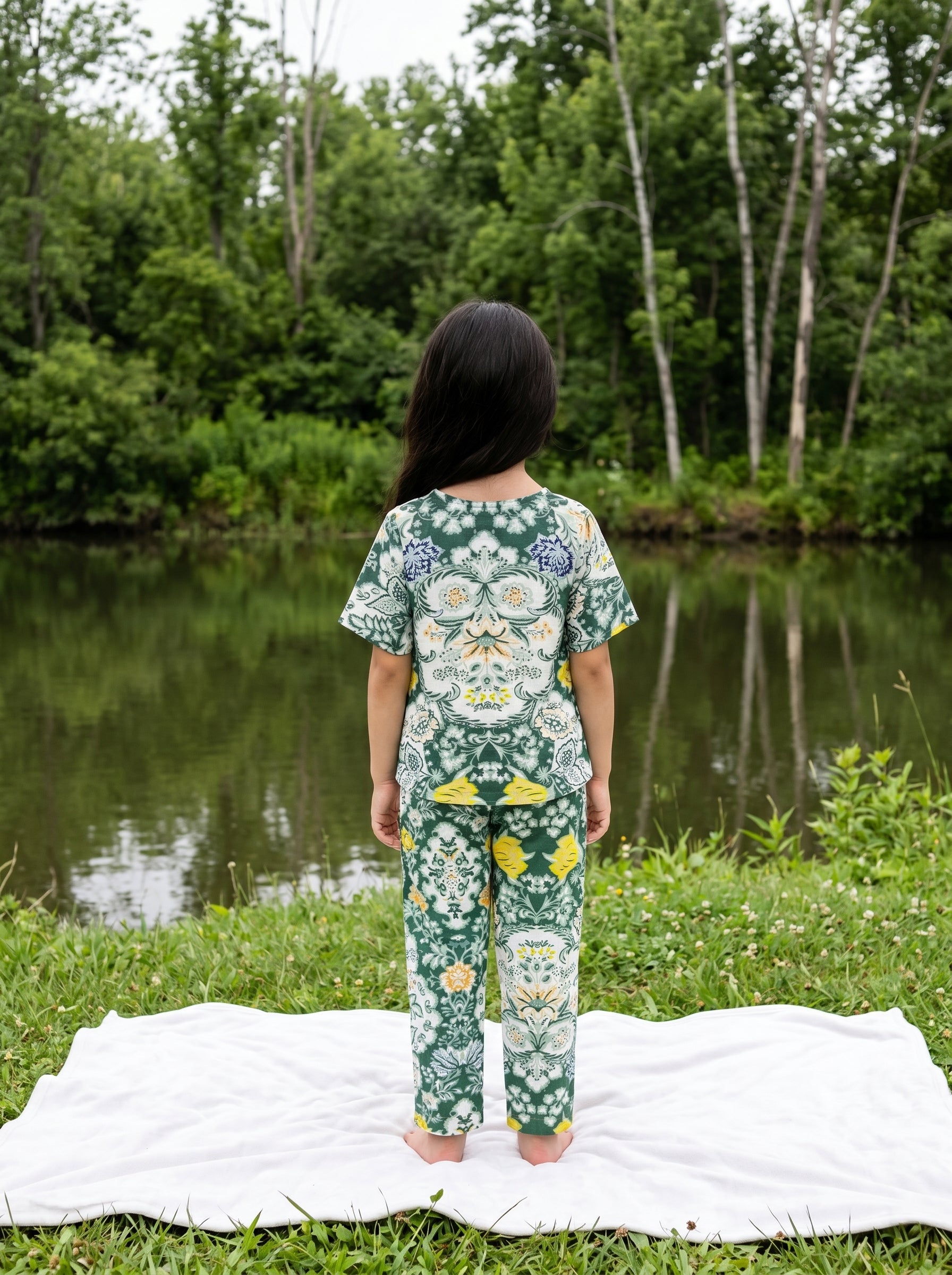 Green V-Neck Floral Print Pure Cotton Night Suit For Kids