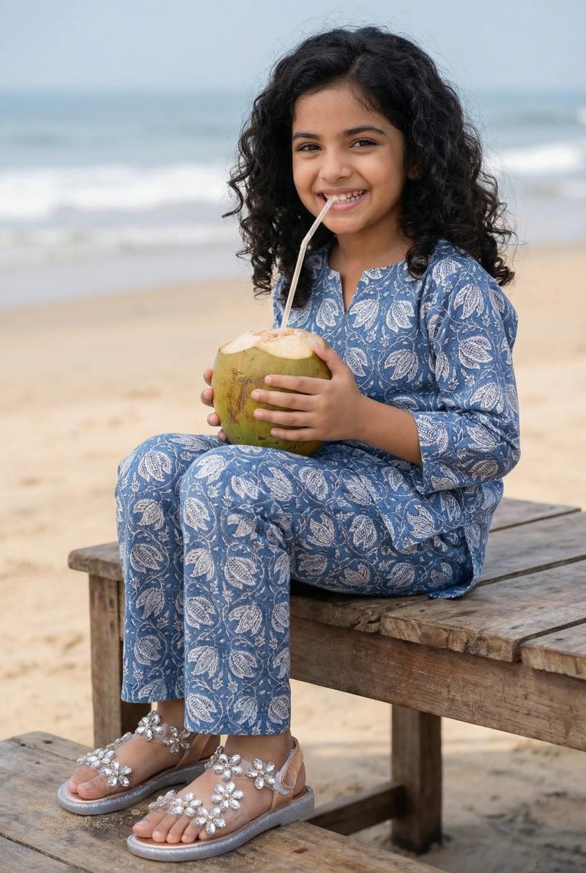 Blue Printed Round Neck Pure Cotton Night Suit For Kids