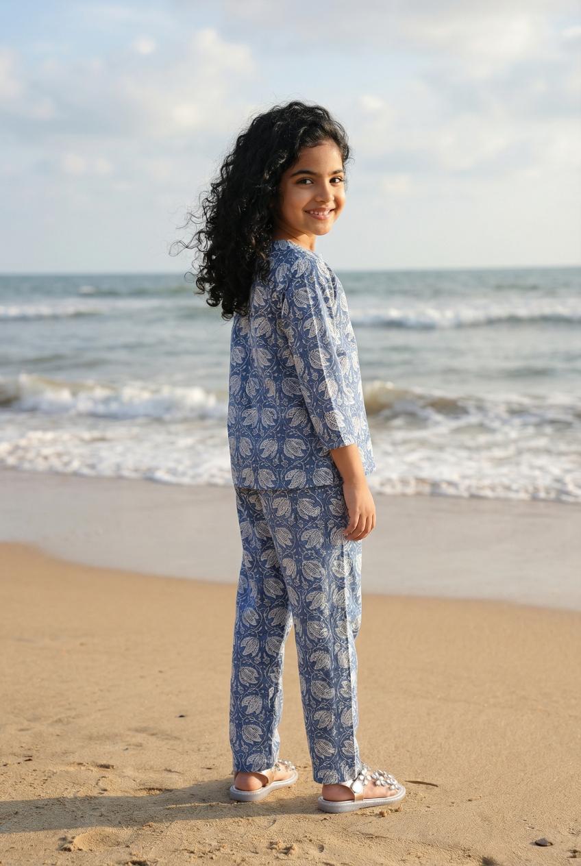 Blue Printed Round Neck Pure Cotton Night Suit For Kids