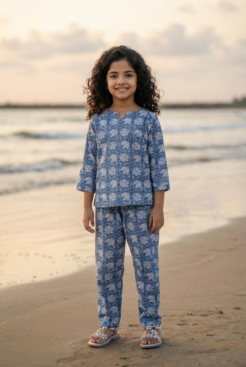 Blue Printed Round Neck Pure Cotton Night Suit For Kids