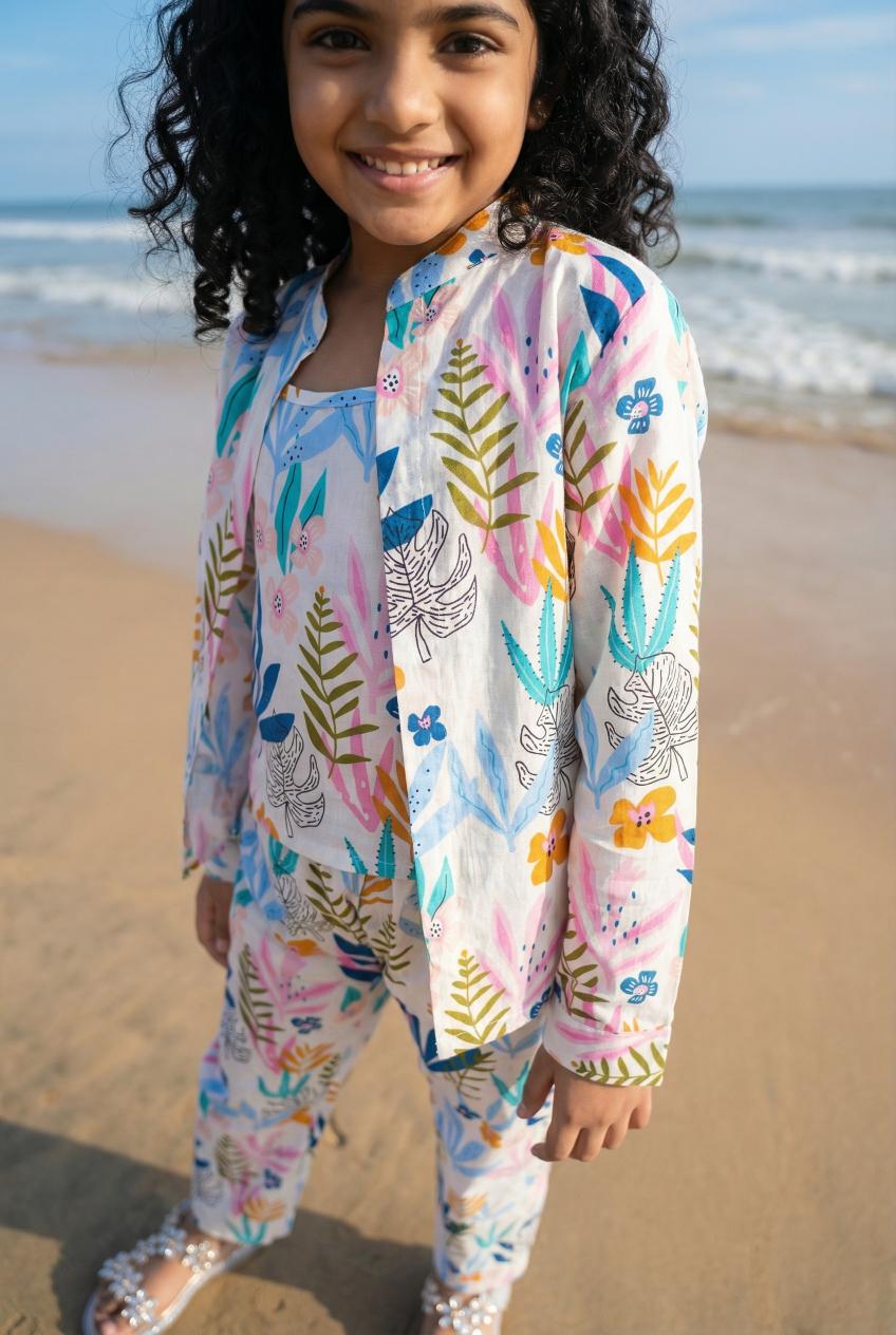 White Mandarin Collar Pure Cotton Floral Printed Night Suit Set For Women