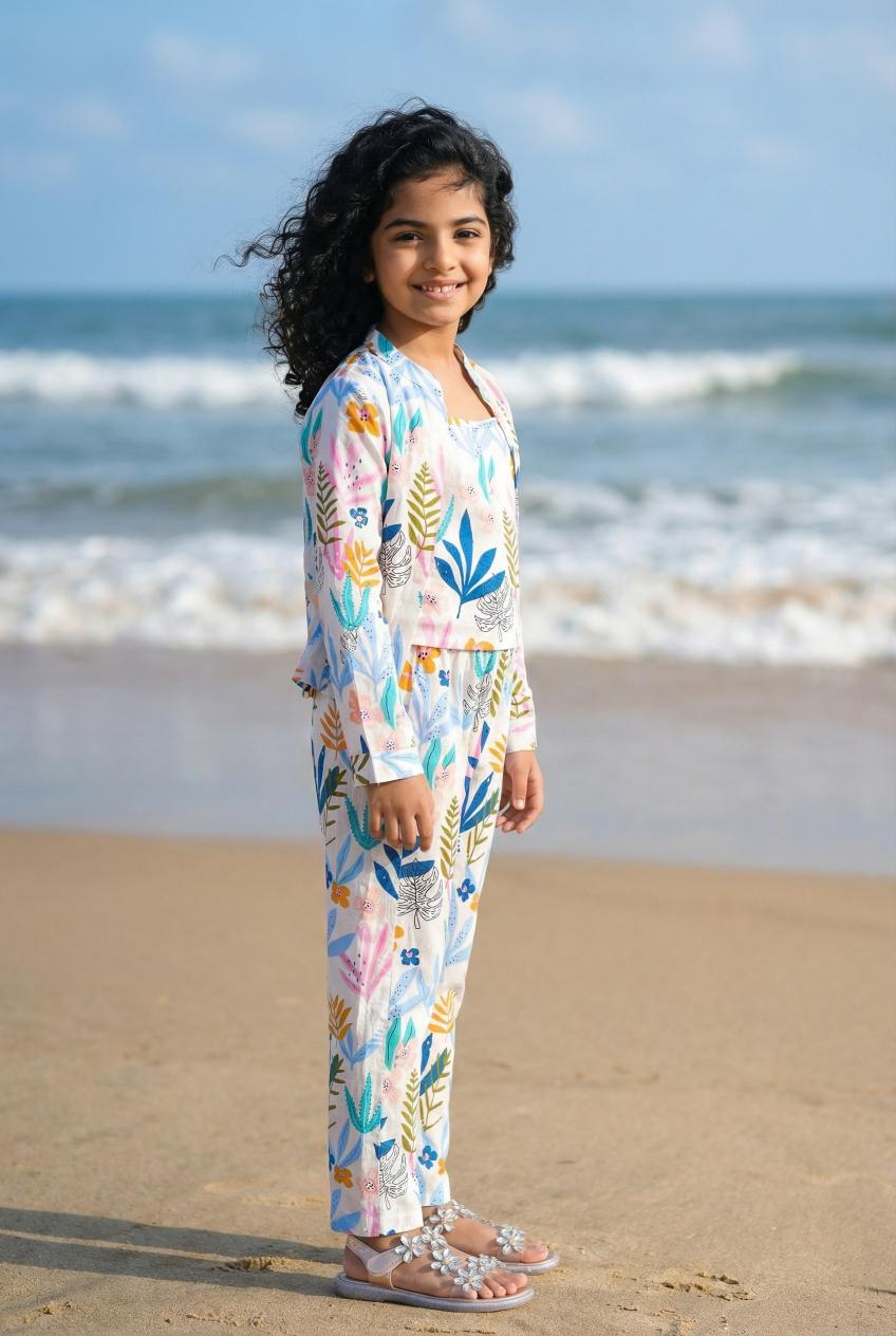 White Mandarin Collar Pure Cotton Floral Printed Night Suit Set For Women