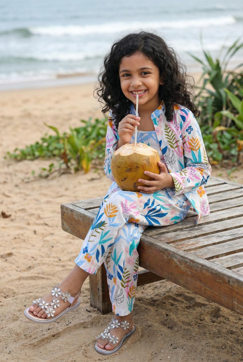 White Mandarin Collar Pure Cotton Floral Printed Night Suit Set For Women