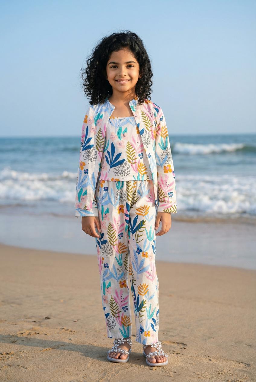 White Mandarin Collar Pure Cotton Floral Printed Night Suit Set For Women