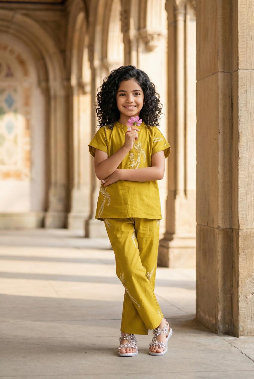 Yellow Sparrow Bird Print Round Neck Cotton Kids Night Suit