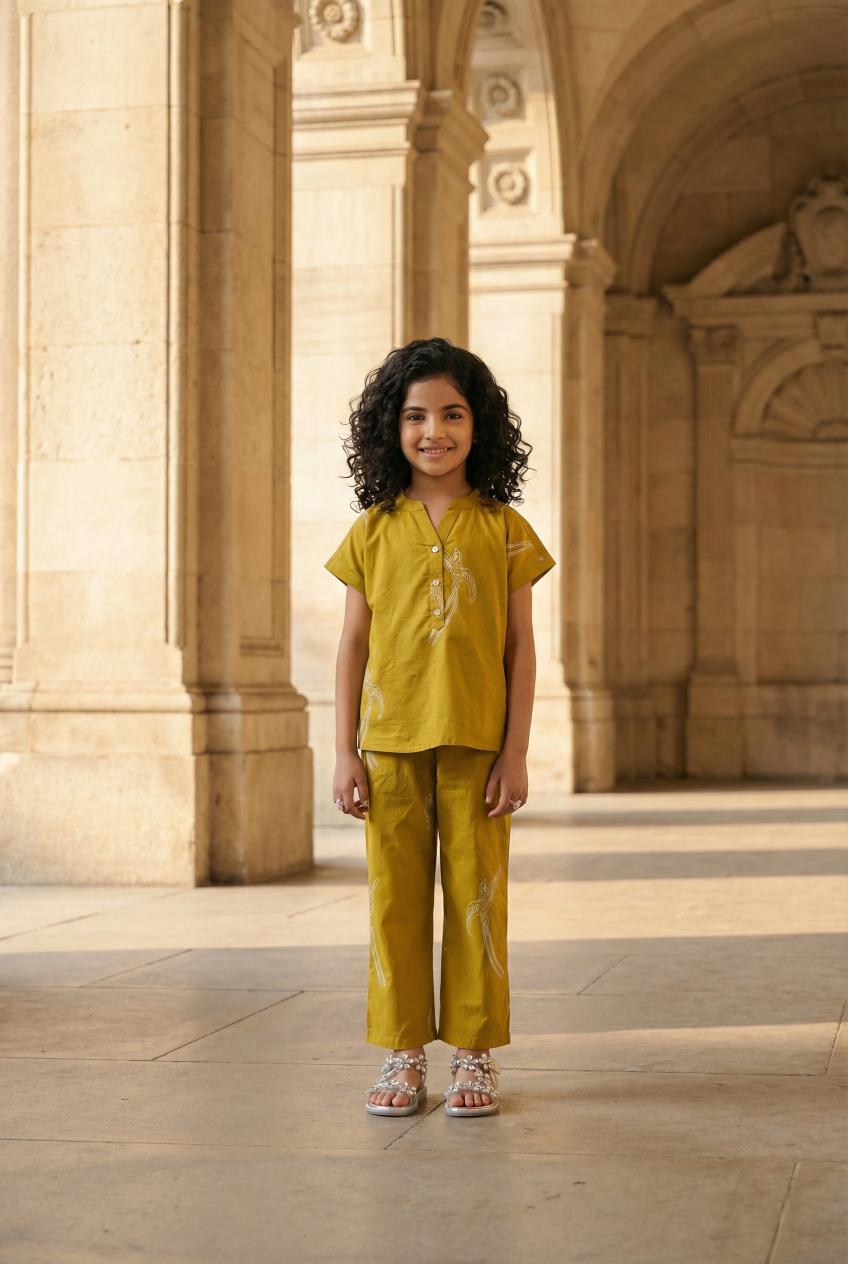 Yellow Sparrow Bird Print Round Neck Cotton Kids Night Suit