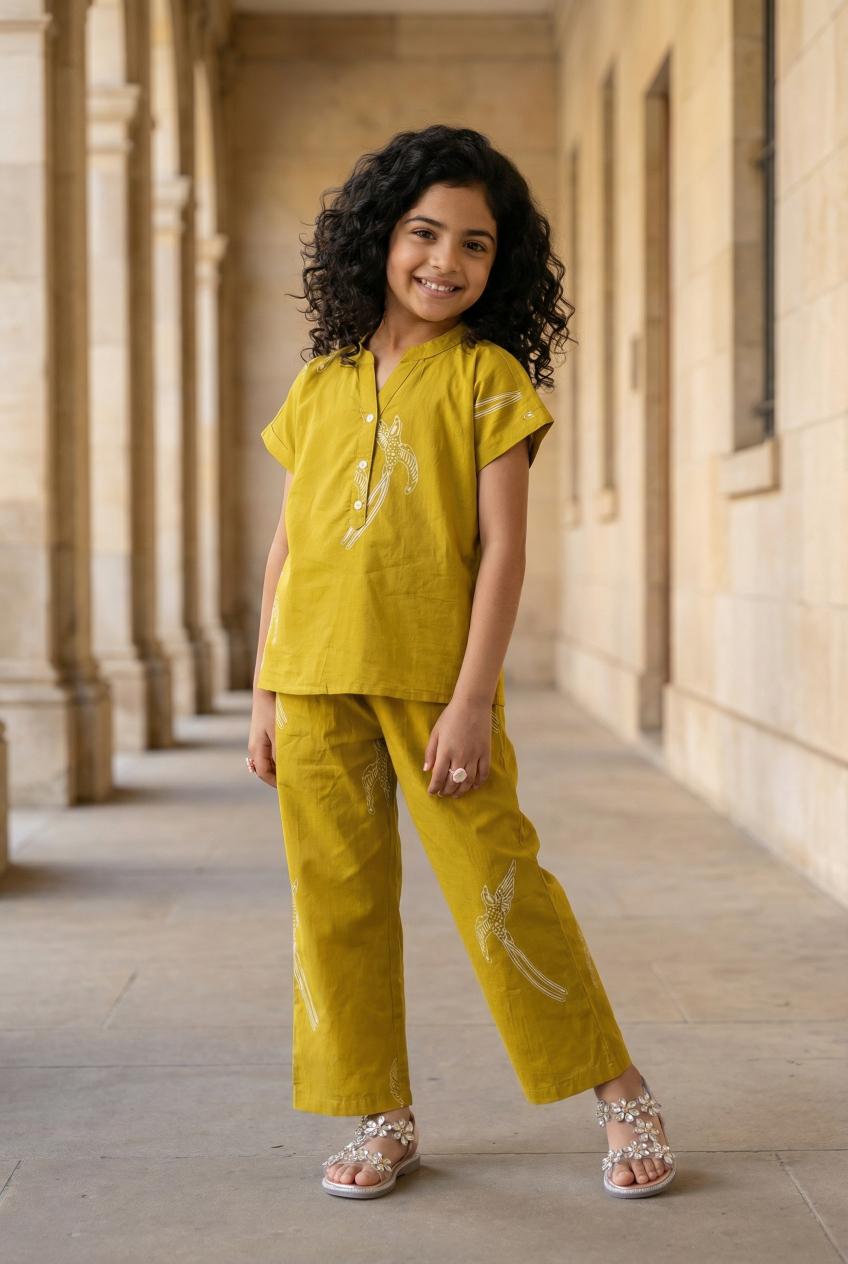 Yellow Sparrow Bird Print Round Neck Cotton Kids Night Suit