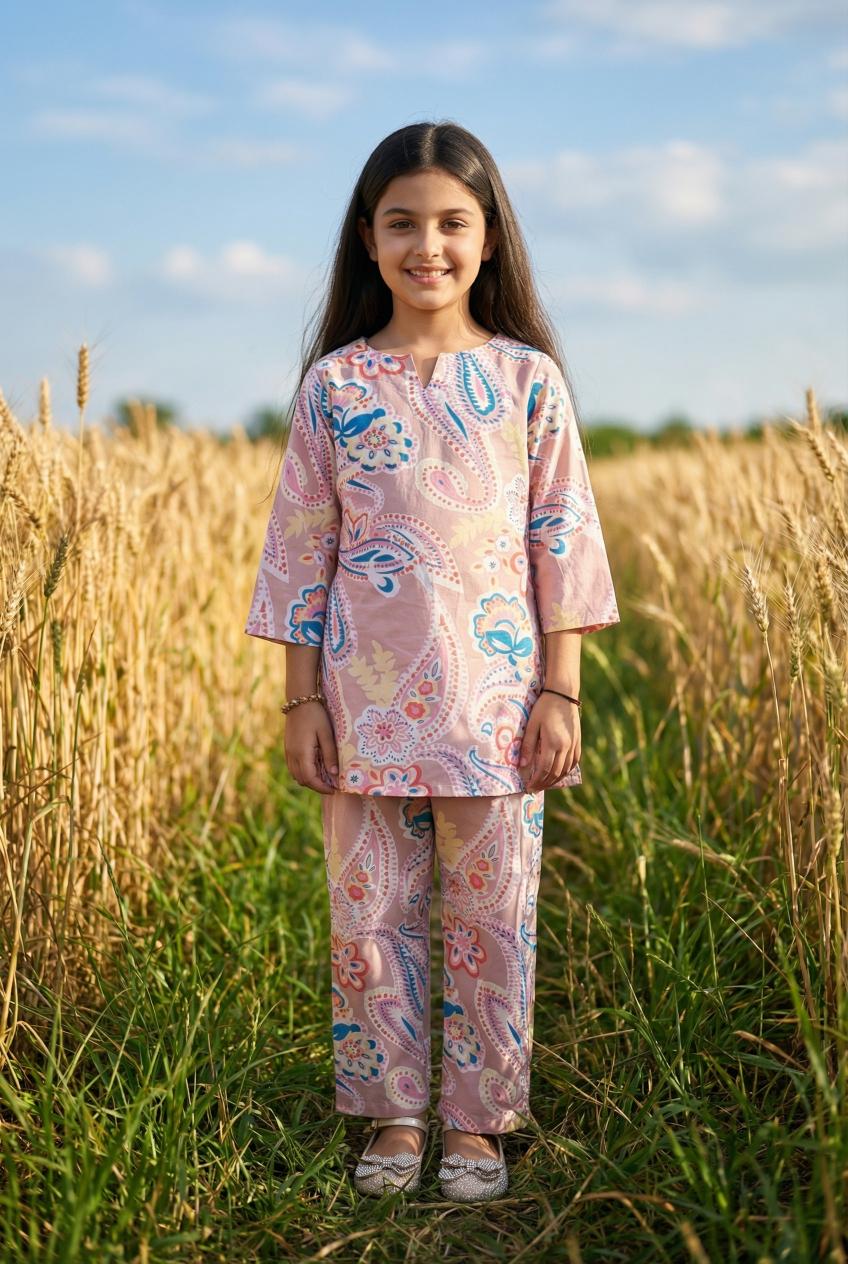 Pink Floral Print Pure Cotton Kurti & Pyjamas Night Suit Set For Women