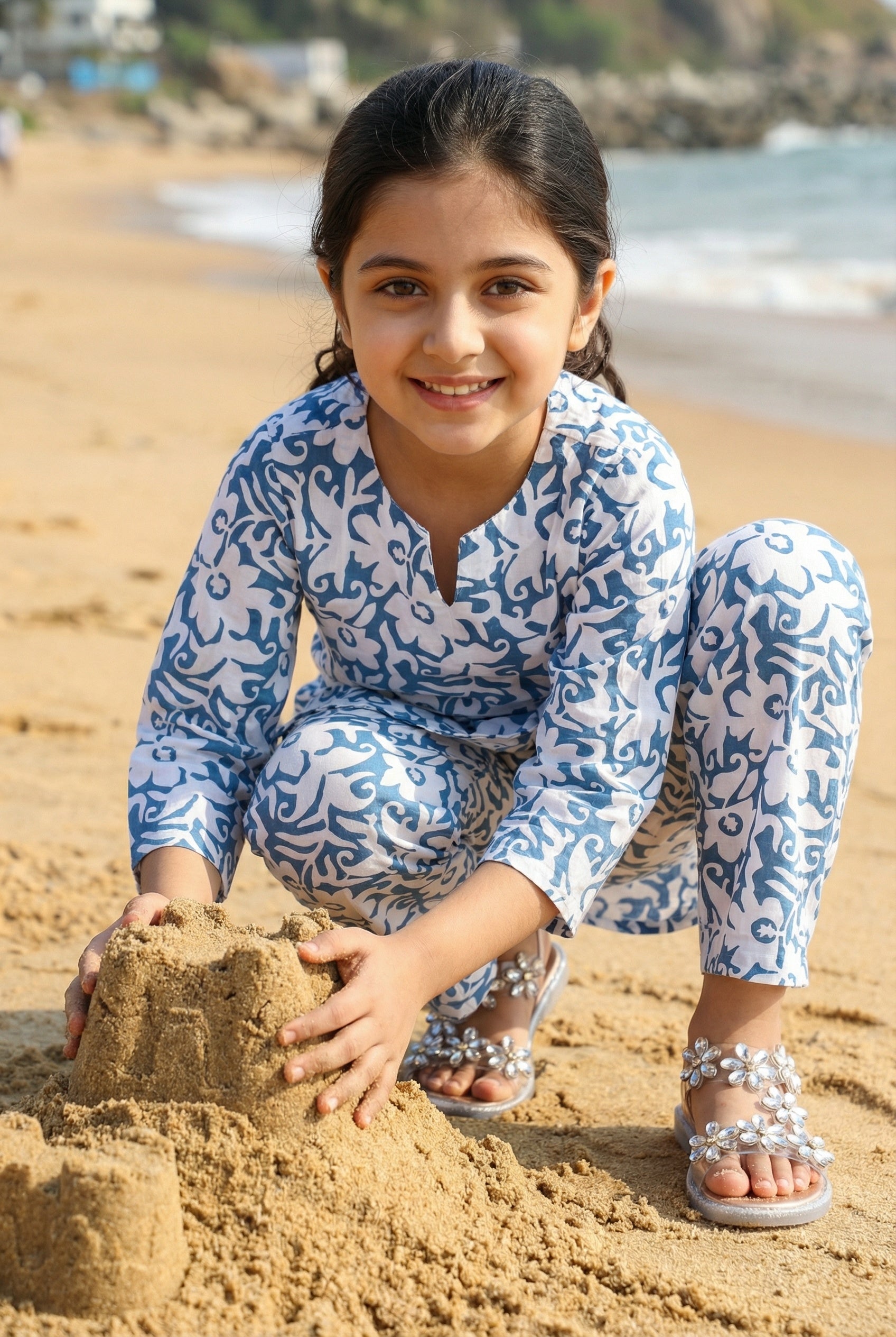 Blue Floral Print Round Neck Cotton Night Suit For Kids