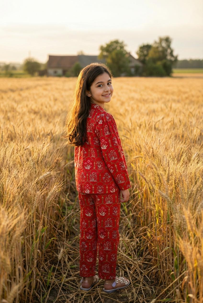 Red Floral Print Mandarin Collar Pure Cotton Night suit Set For Kids