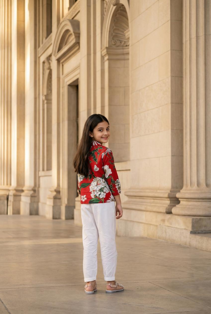 Red Floral Print V-Neck Cotton Night Suit Set For Kids