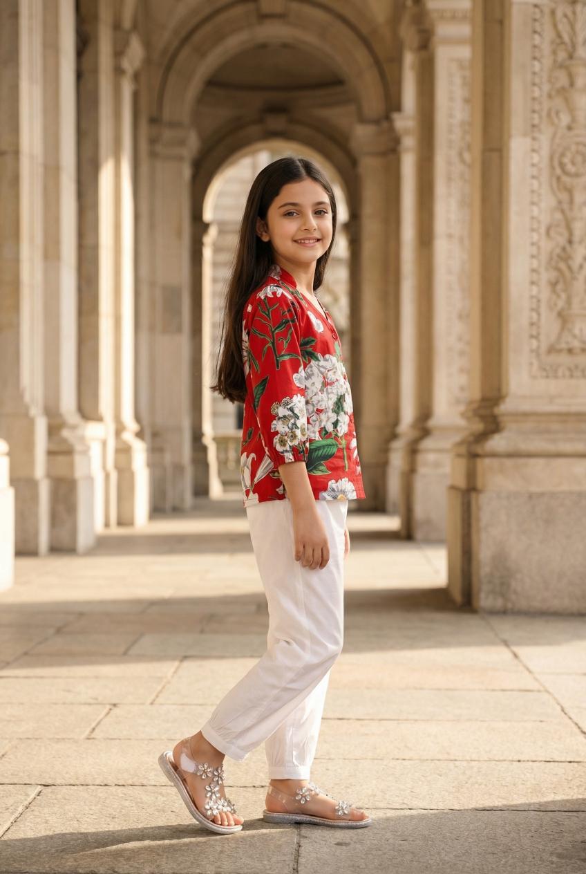 Red Floral Print V-Neck Cotton Night Suit Set For Kids