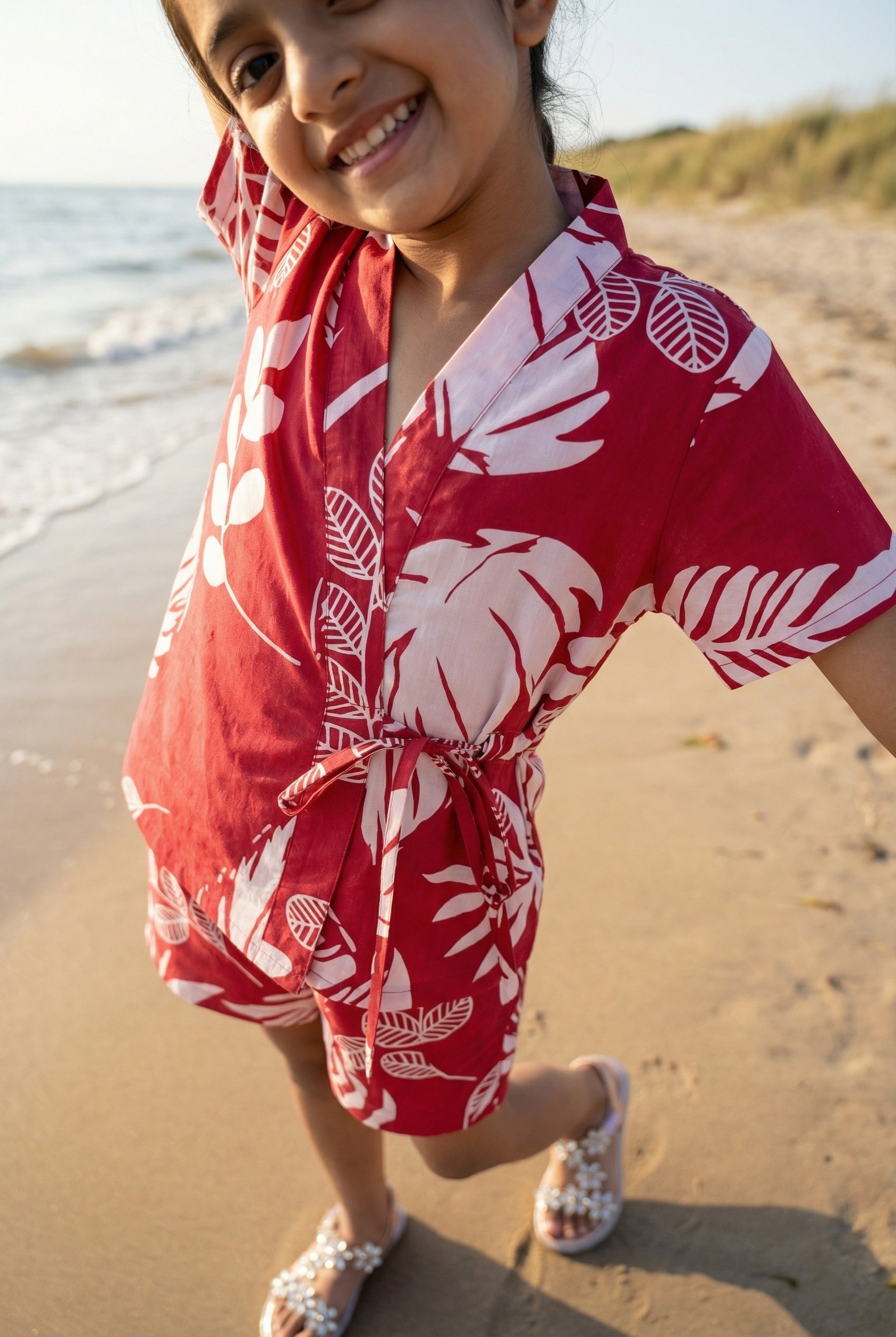 Pink Floral Print V-Neck Night Suit For Kids